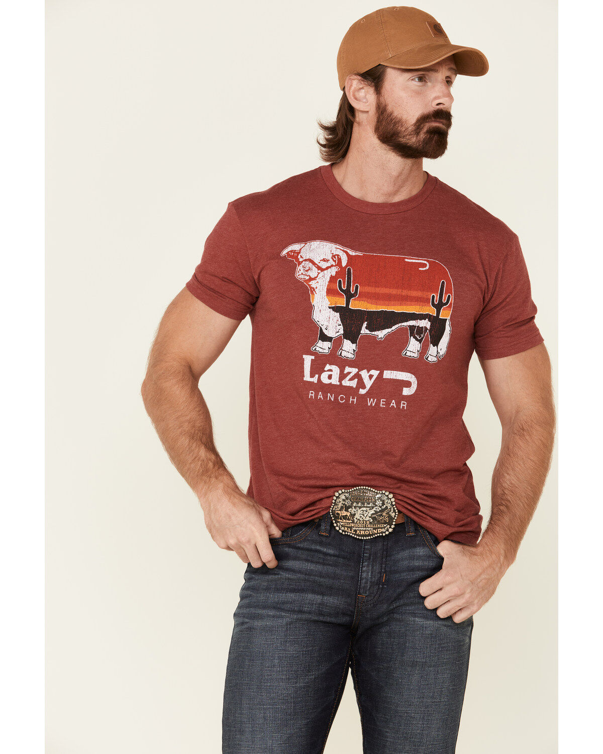 Lazy J Ranch Men's Red Logo Sunrise Graphic T-Shirt