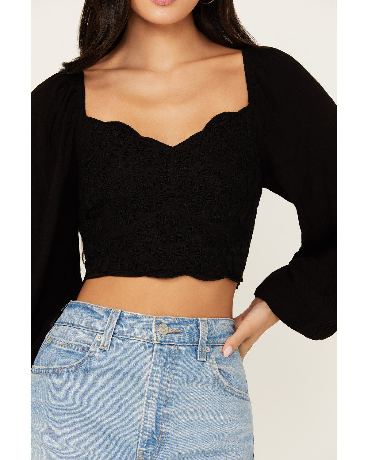 Shyanne Women's Embroidered Mesh Dot Poet Sleeve Crop Top