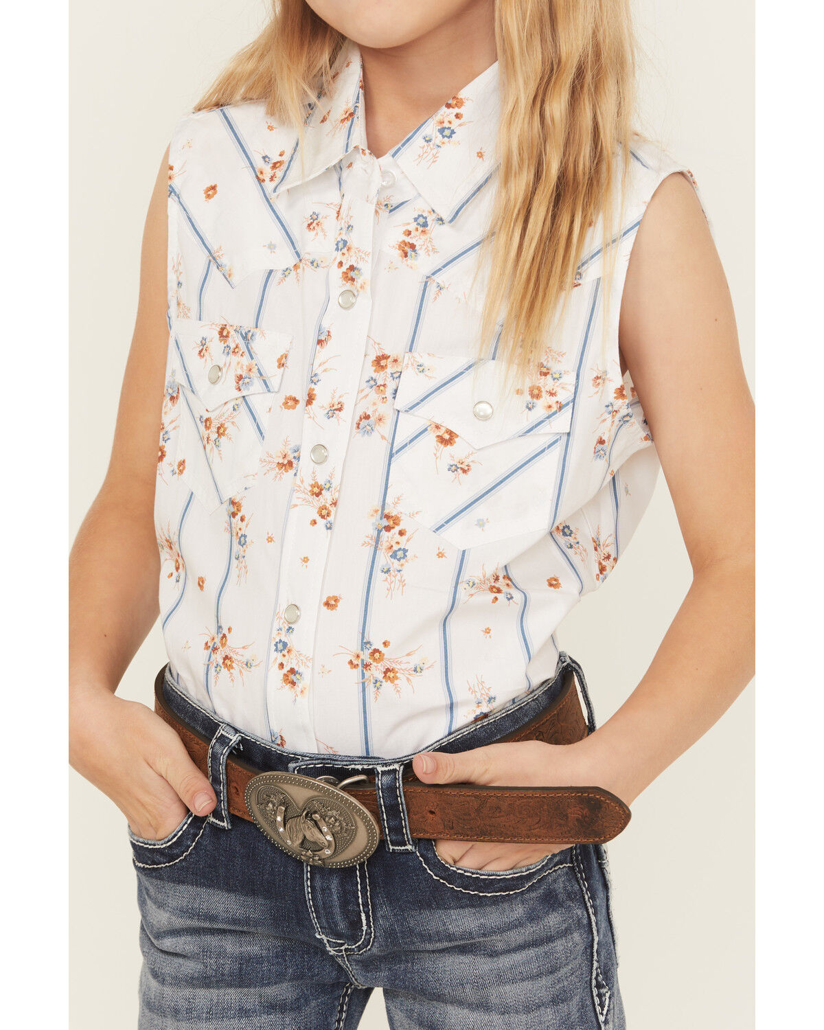 Ely Walker Girls' Wallpaper Floral Sleeveless Snap Western Shirt