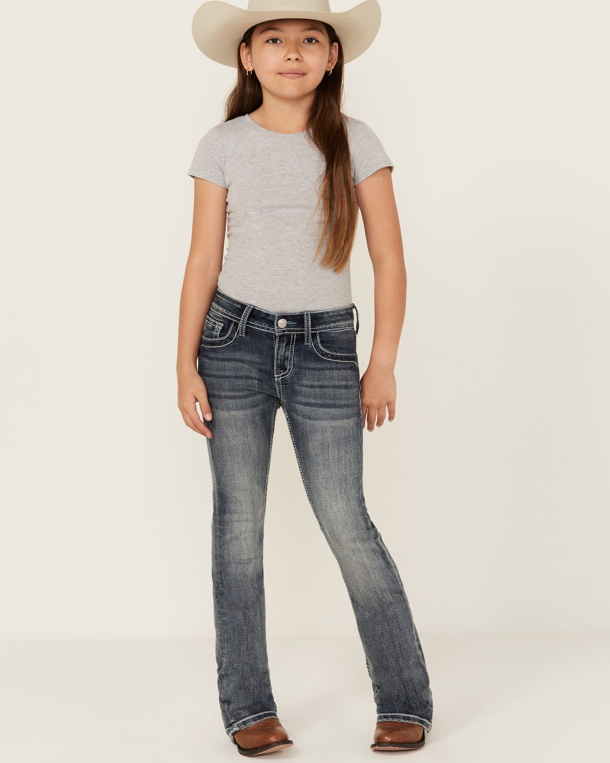 Grace in LA Girls' Medium Wash Embroidered Pocket Bootcut Stretch Denim Jeans