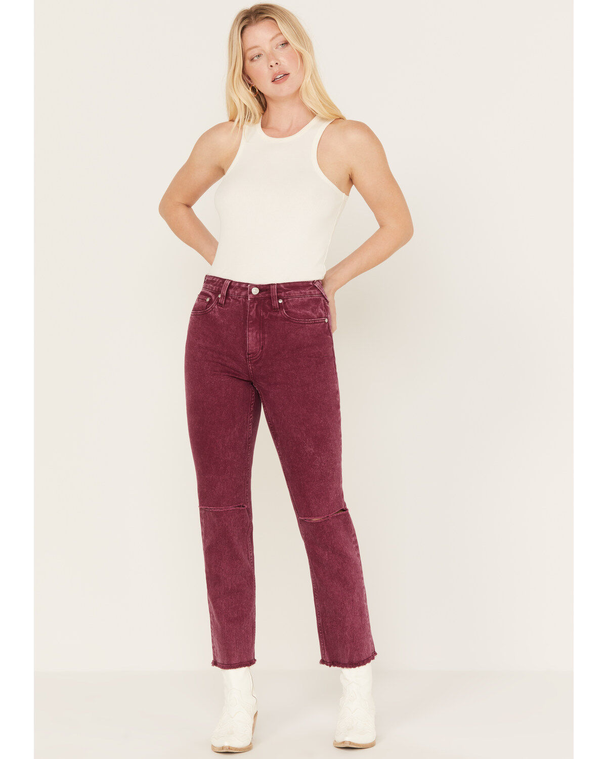 Cleo + Wolf Women's High Rise Distressed Knee Slim Stretch Straight Jeans