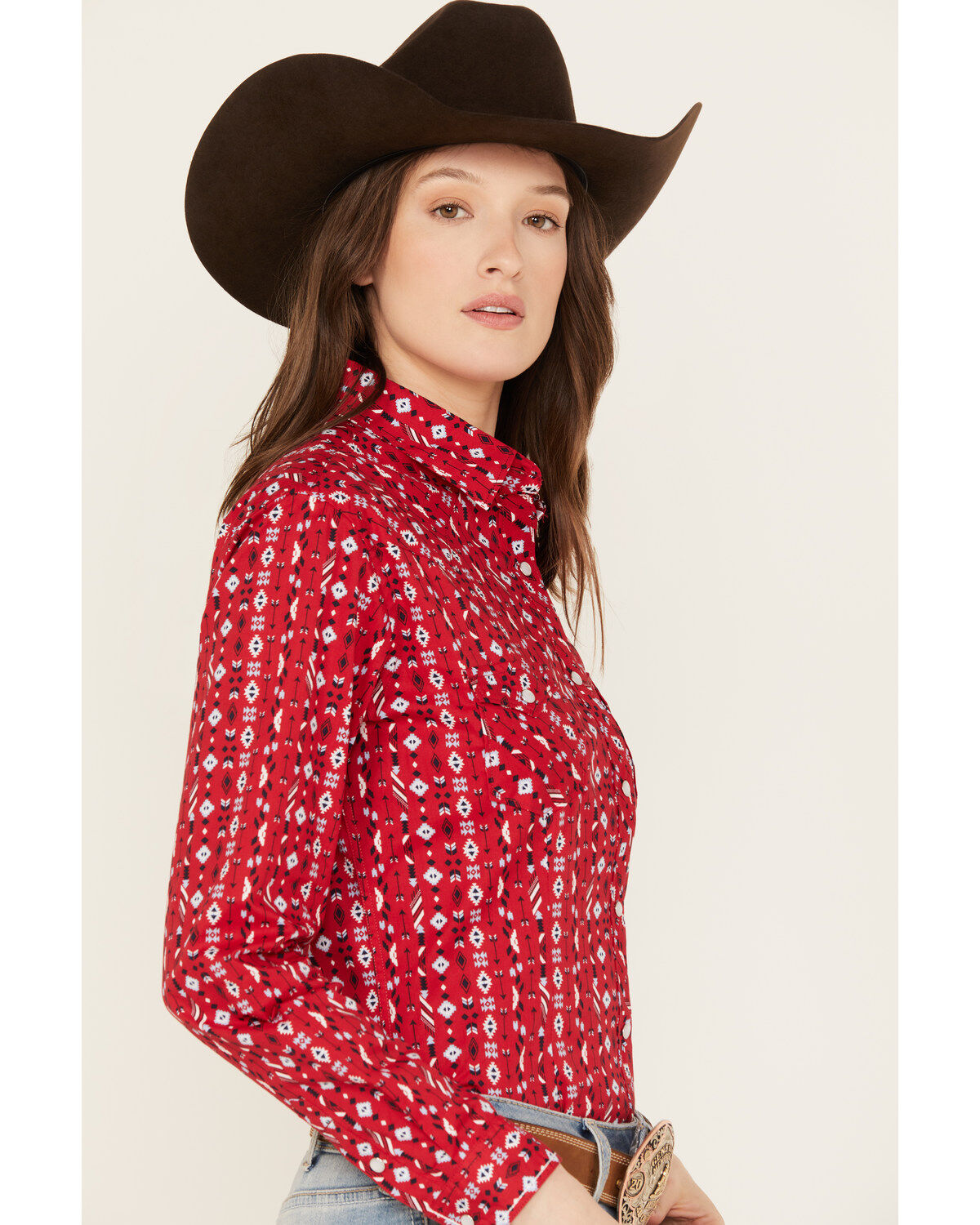Rough Stock by Panhandle Women's Southwestern Print Long Sleeve Stretch Pearl Snap Western Shirt