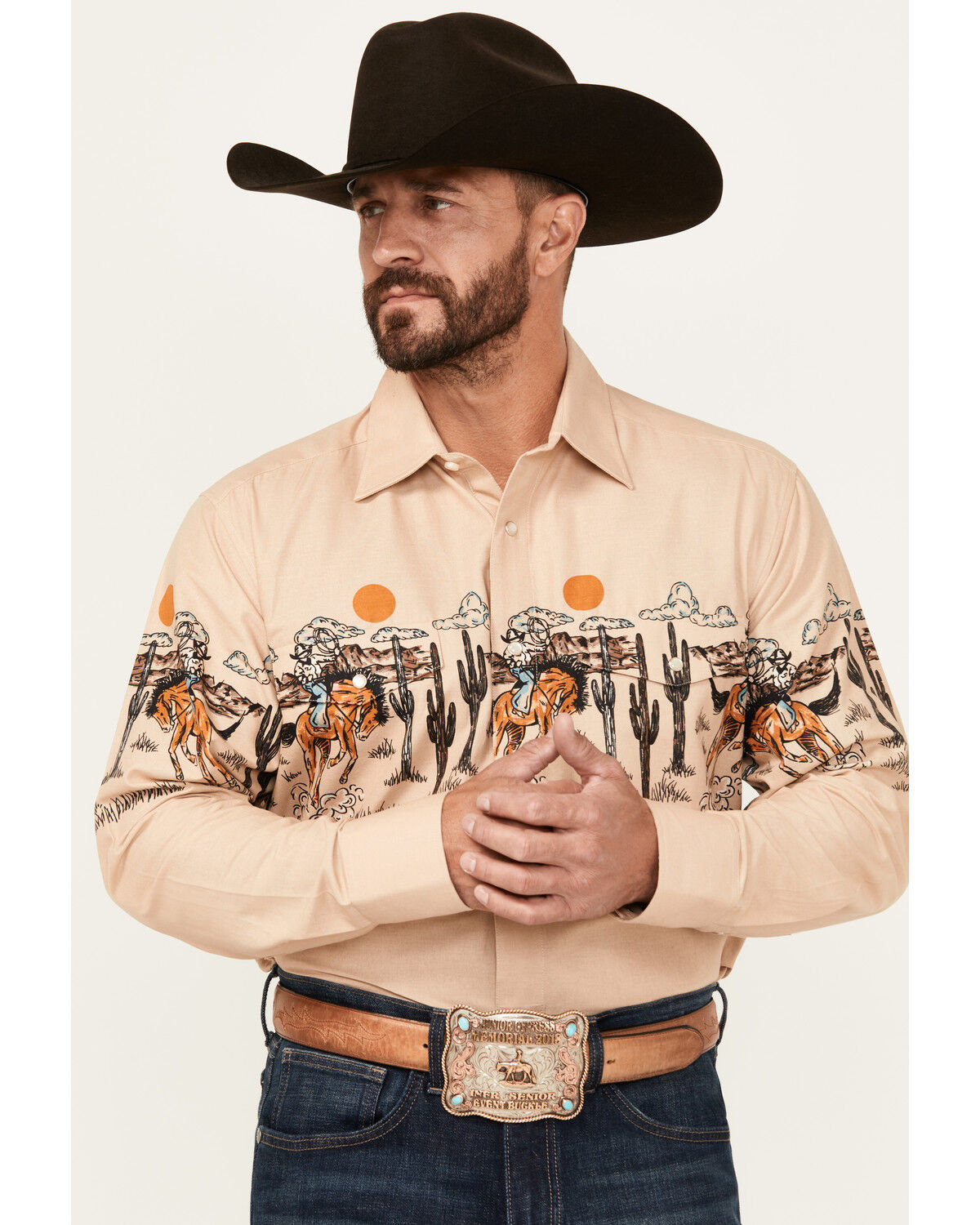Panhandle Men's Desert Print Border Long Sleeve Snap Western Shirt