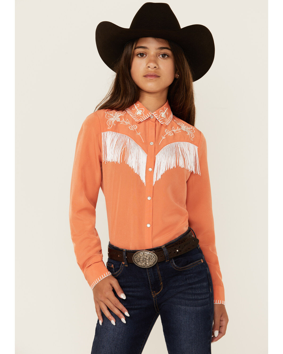 Rock & Roll Denim Girls' Fringe Long Sleeve Pearl Snap Western Shirt