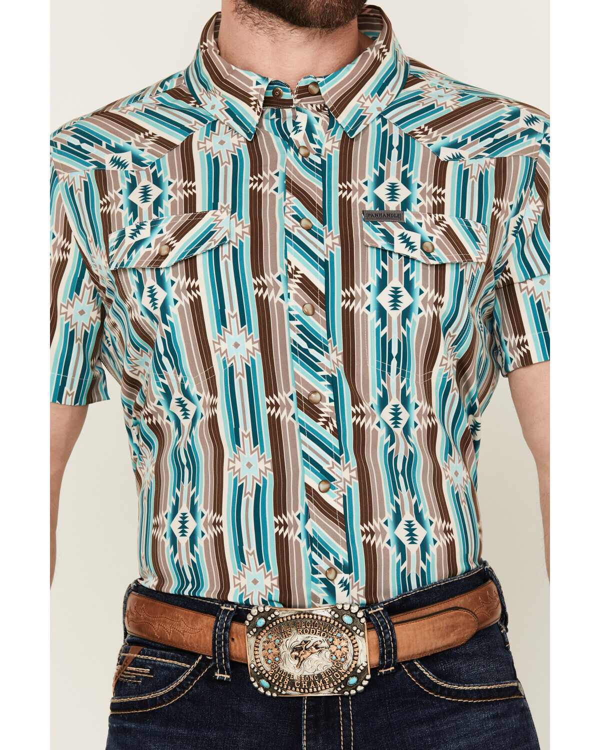 Panhandle Men's Southwestern Print Short Sleeve Snap Performance Stretch Western Shirt