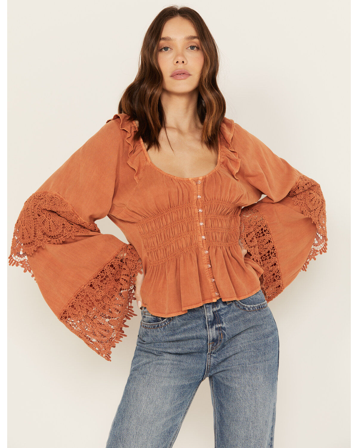 Scully Women's Long Sleeve Crochet Lace Trim Top