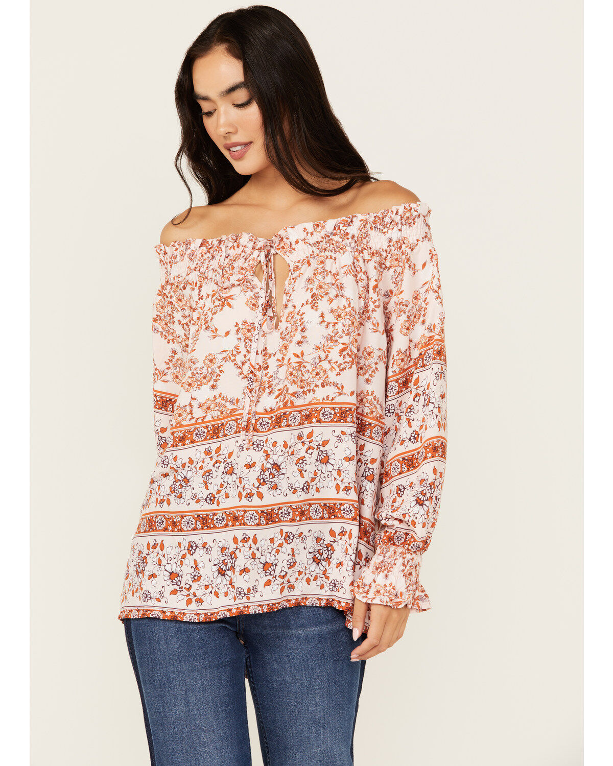 Wild Moss Women's Floral Border Print Off The Shoulder Top
