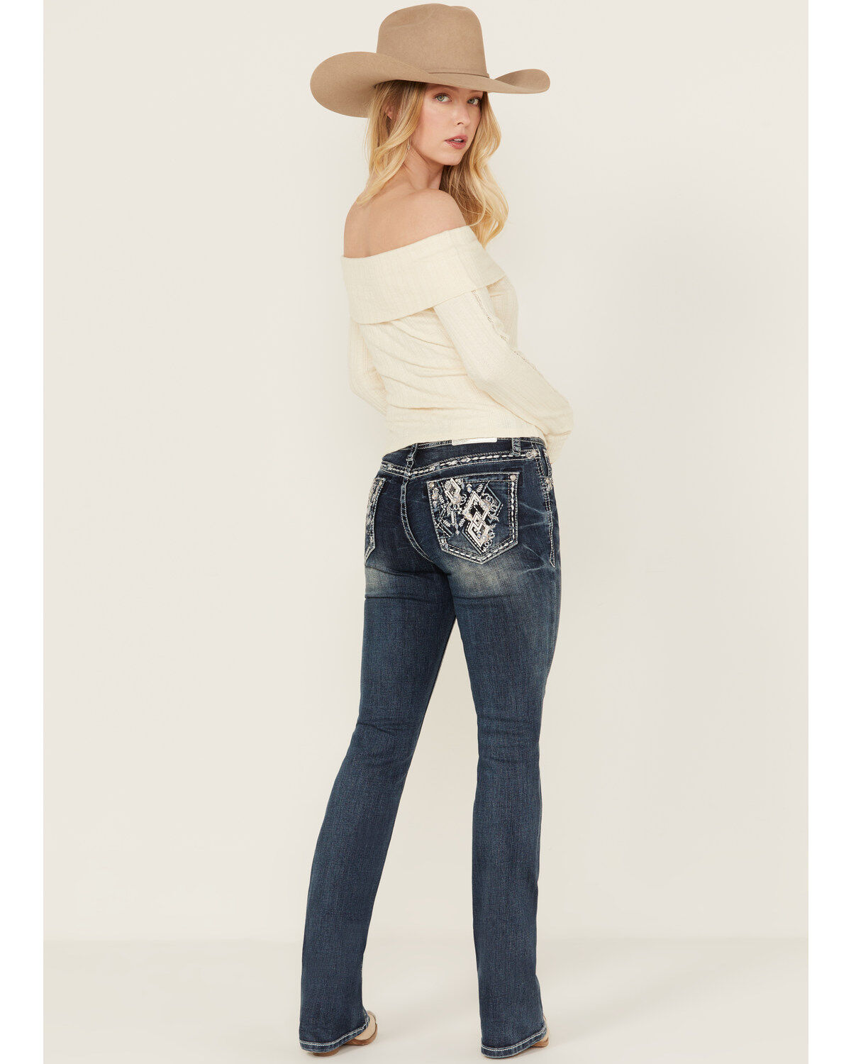 Grace in LA Women's Medium Wash Mid Rise Diamond Pocket Bootcut Stretch Denim Jeans