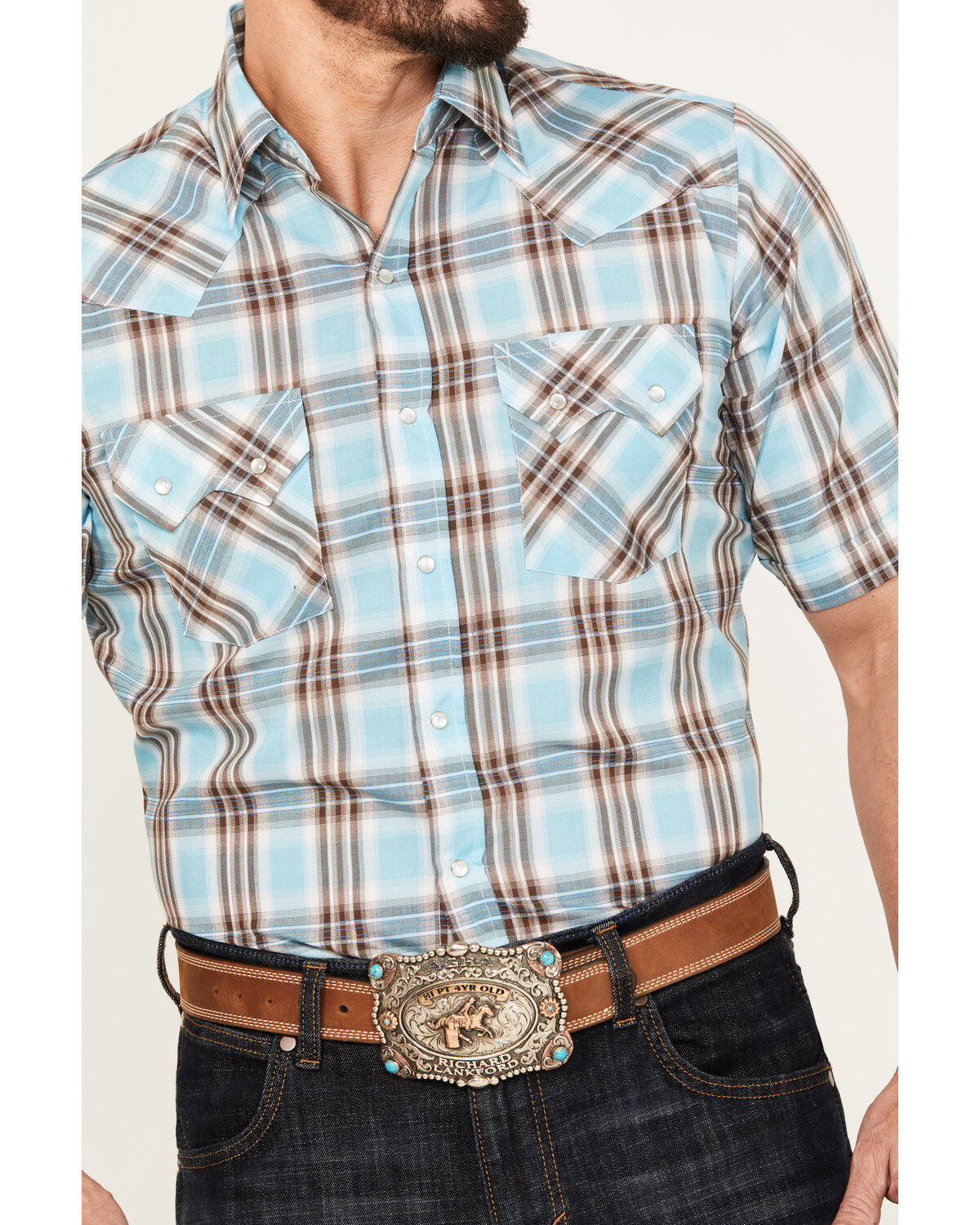 Ely Walker Men's Plaid Print Short Sleeve Pearl Snap Western Shirt