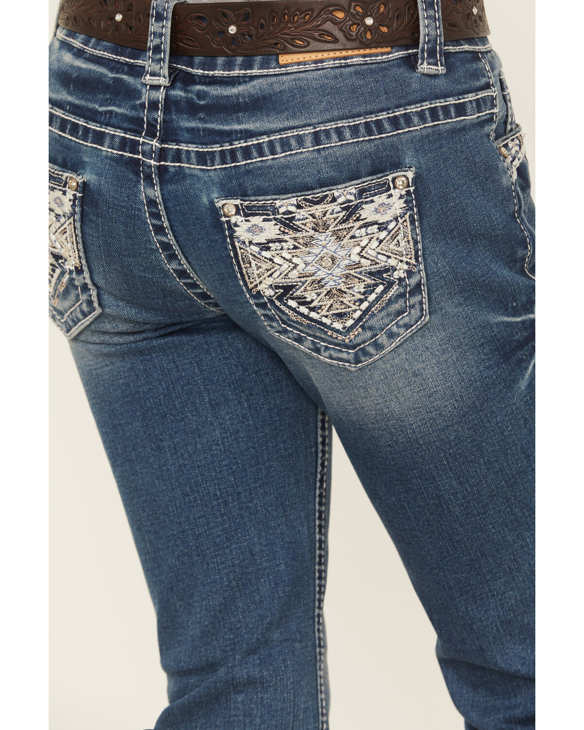 Shyanne Girls' Medium Wash Southwestern Pocket Bootcut Stretch Denim Jeans