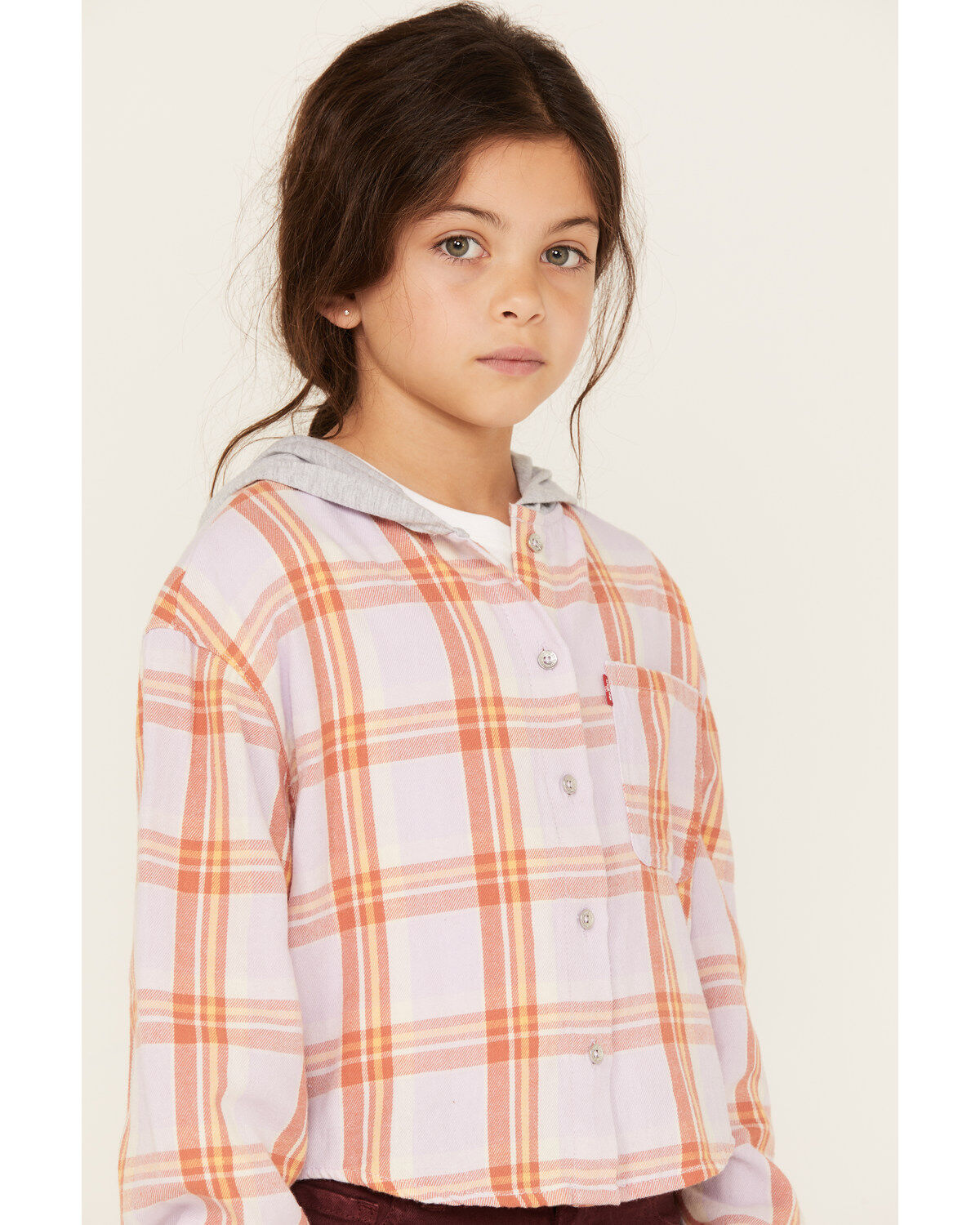 Levi's Little Girls' Plaid Print Long Sleeve Button-Down Hooded Shirt