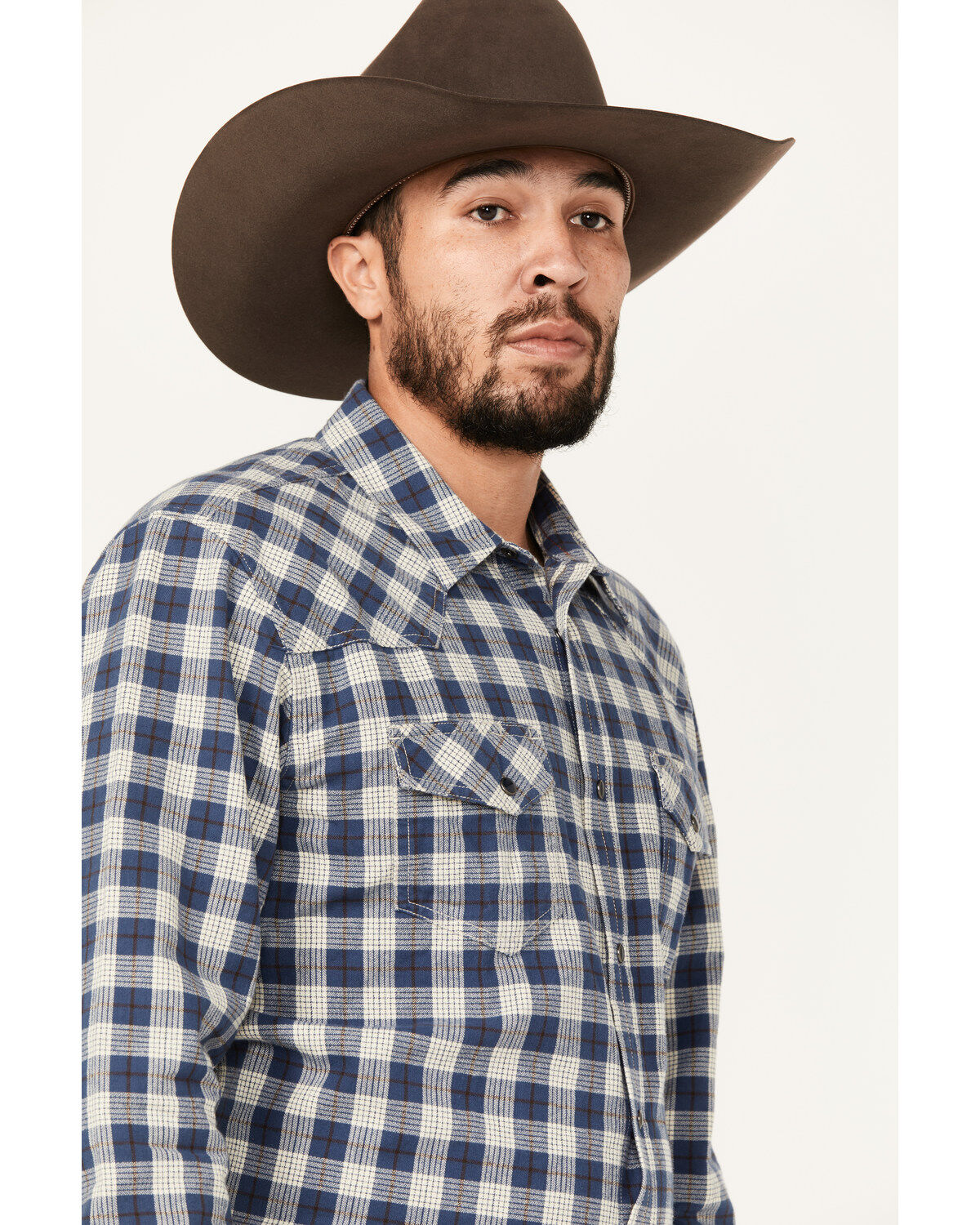 Blue Ranchwear Men's Crossville Herringbone Checkered Print Long Sleeve Snap Work Shirt