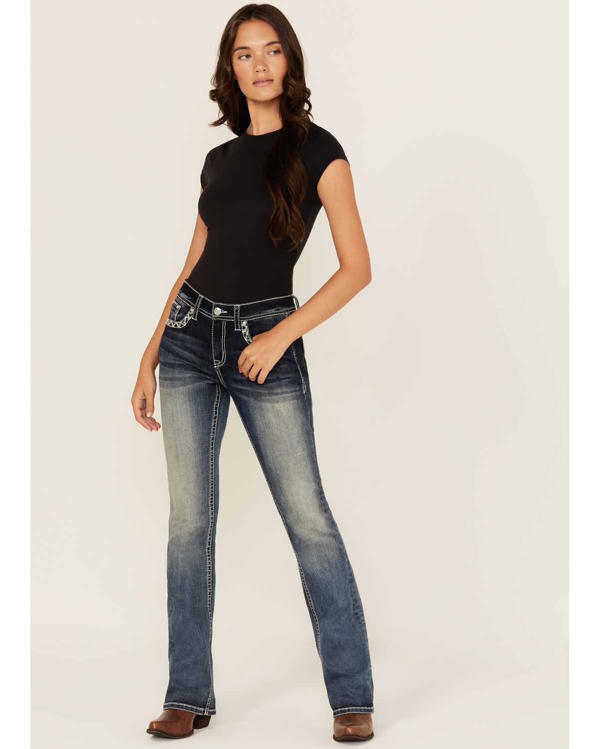 Grace In LA Women's Medium Wash Steerhead Embroidered Mid Rise Bootcut Stretch Denim Jeans