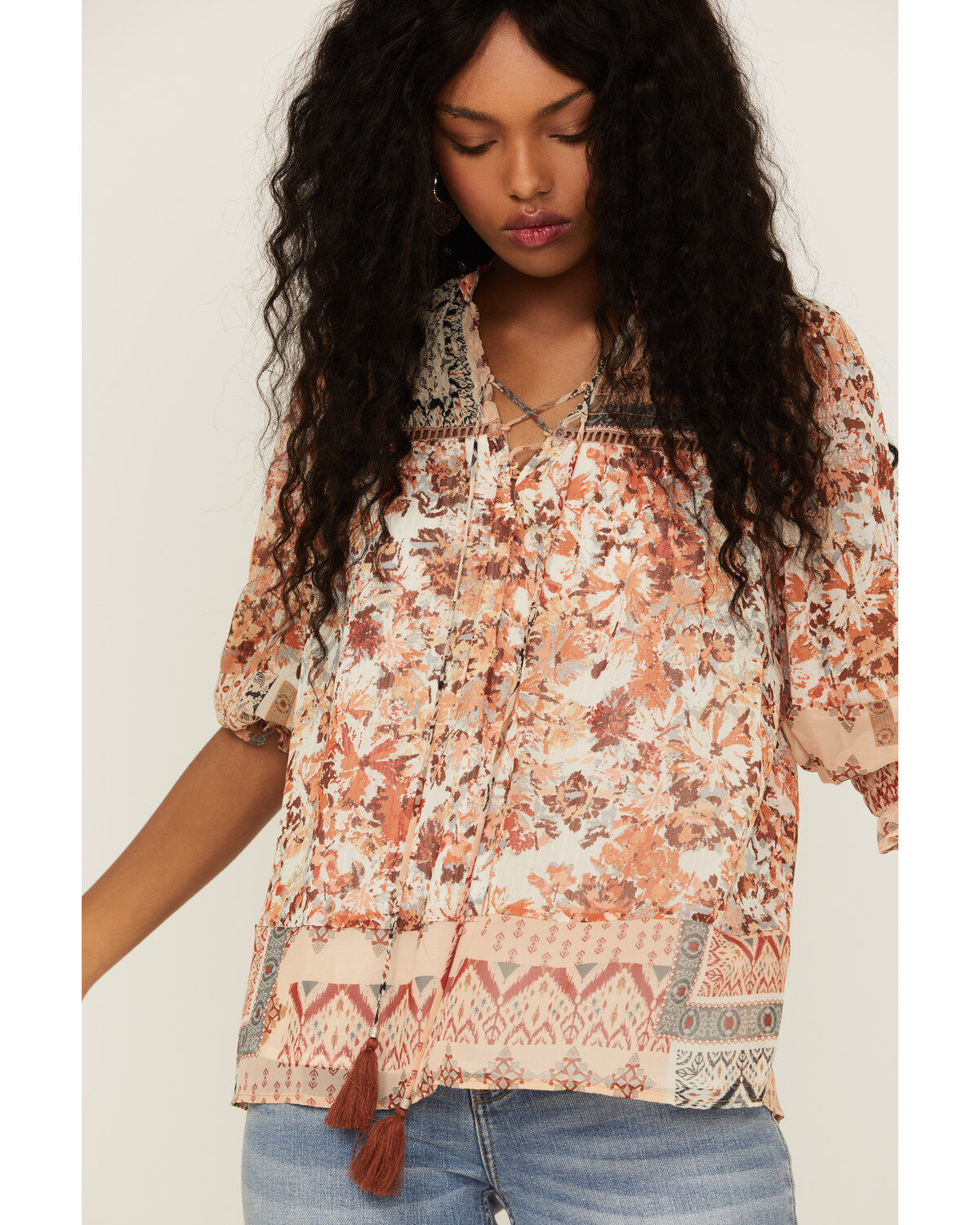 Miss Me Women's Mauve Patchwork Peasant Tassel Top