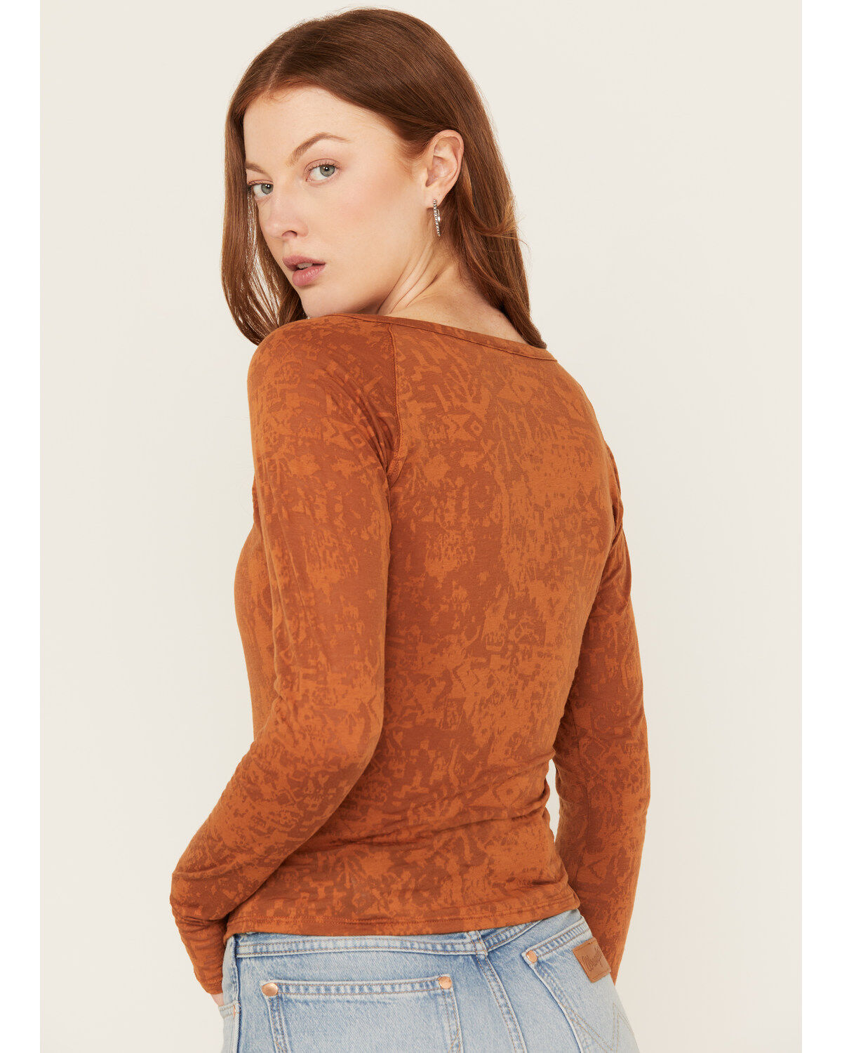 Shyanne Women's Long Sleeve Southwest Burnout Print Henley Shirt