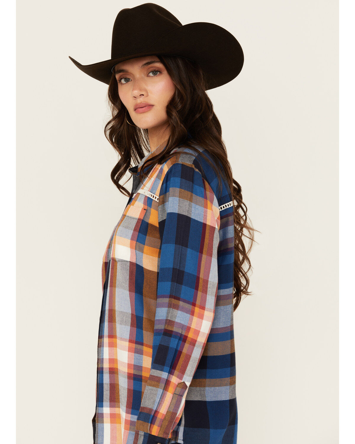 Shyanne Women's Plaid Print Ladder Lace Trim Long Sleeve Button-Down Flannel Shirt