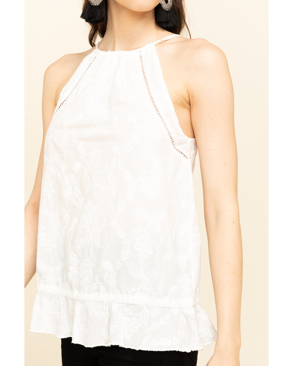 Rock & Roll Denim Women's Ivory Floral Embroidered Halter Top