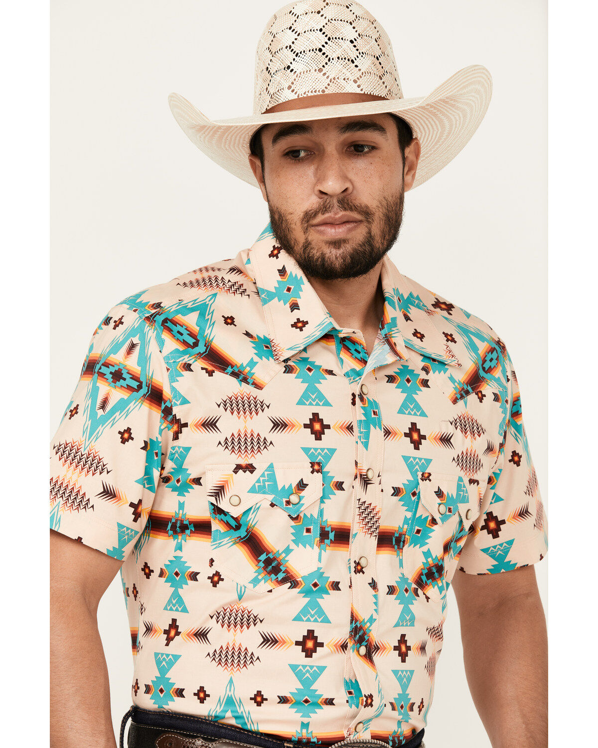 Rock & Roll Denim Men's Southwestern Print Short Sleeve Snap Stretch Western Shirt