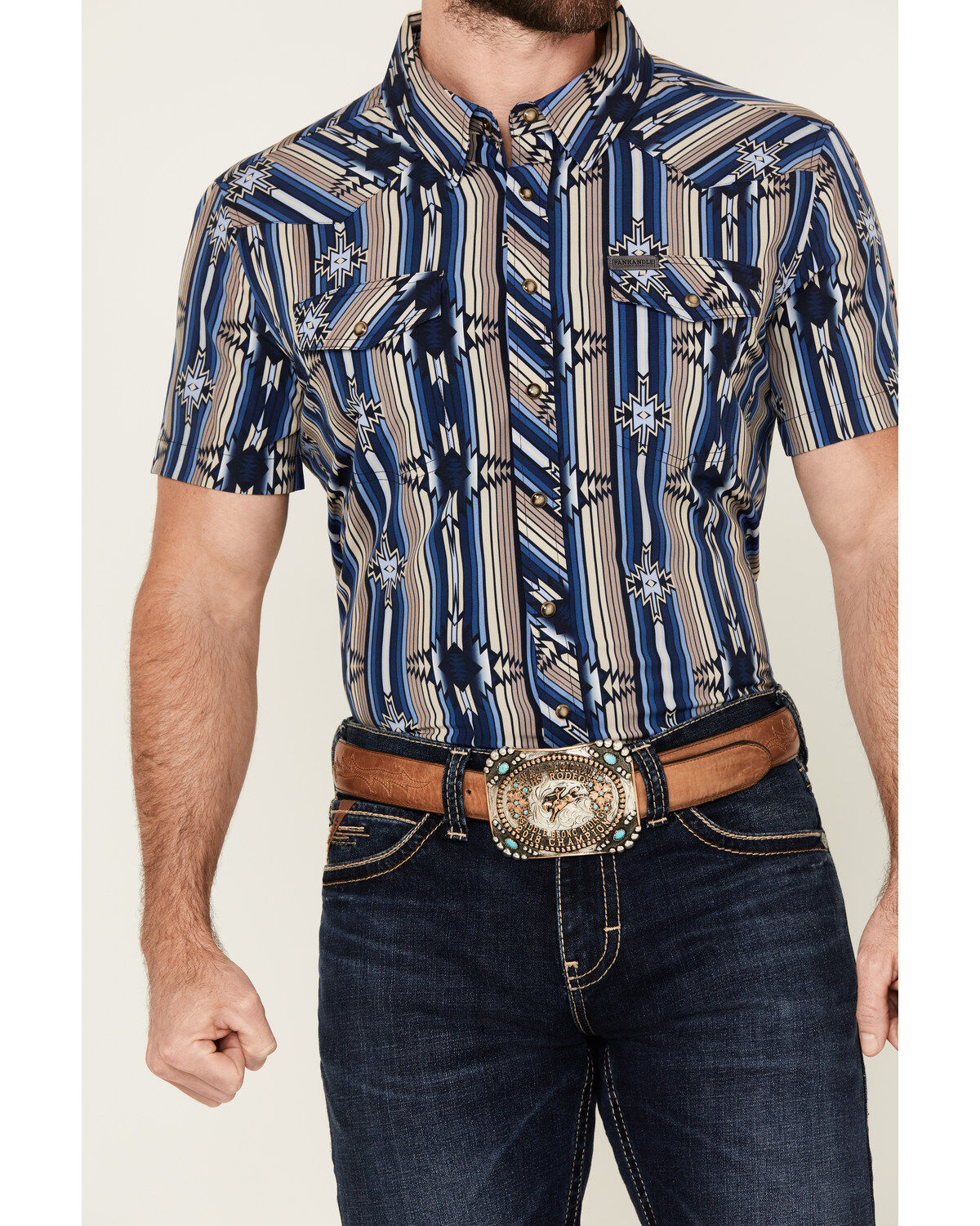 Panhandle Men's Southwestern Print Short Sleeve Snap Performance Stretch Western Shirt