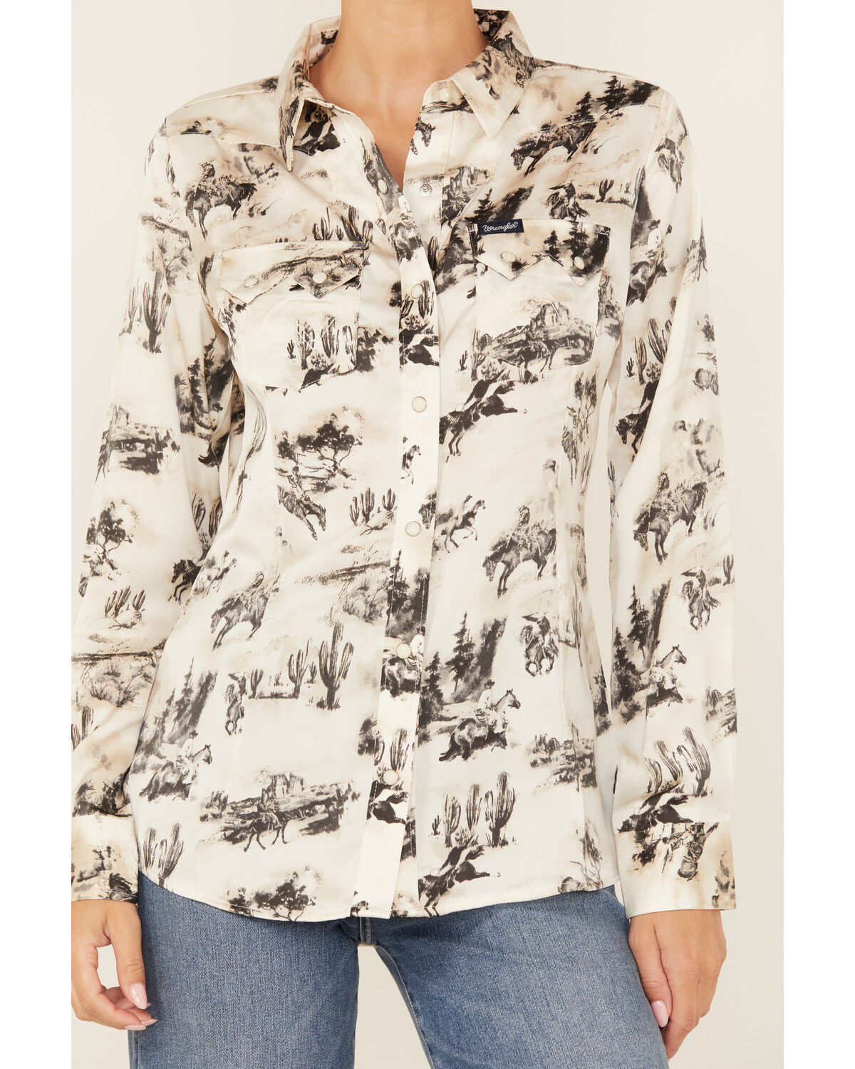 Wrangler Retro Women's Horse Cactus Print Long Sleeve Snap Western Shirt