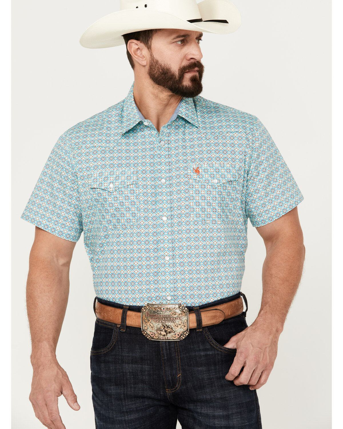 Rodeo Clothing Men's Boot Barn Exclusive Medallion Print Short Sleeve Pearl Snap Western Shirt