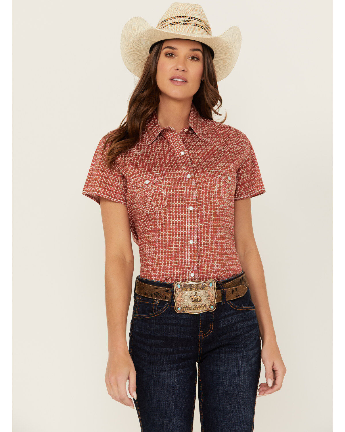 Rough Stock by Panhandle Women's Micro Geo Print Short Sleeve Pearl Snap Stretch Western Shirt