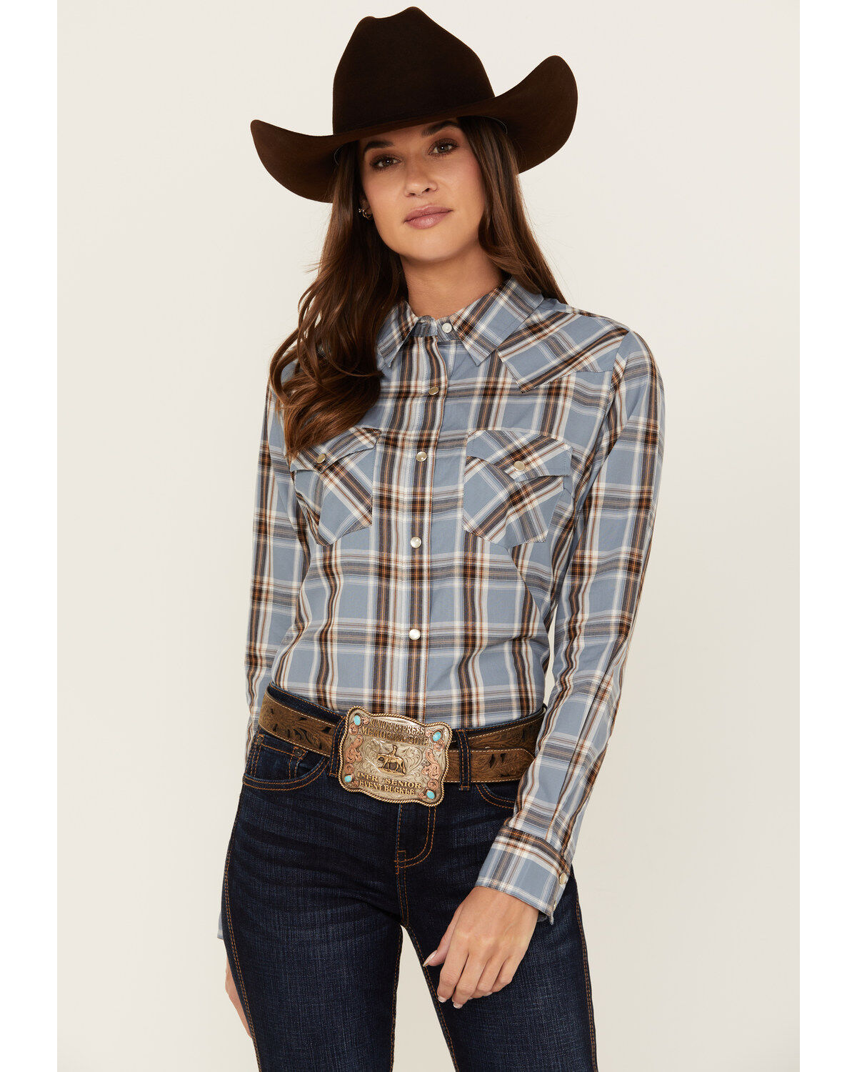Wrangler Women's Plaid Print Long Sleeve Pearl Snap Western Shirt