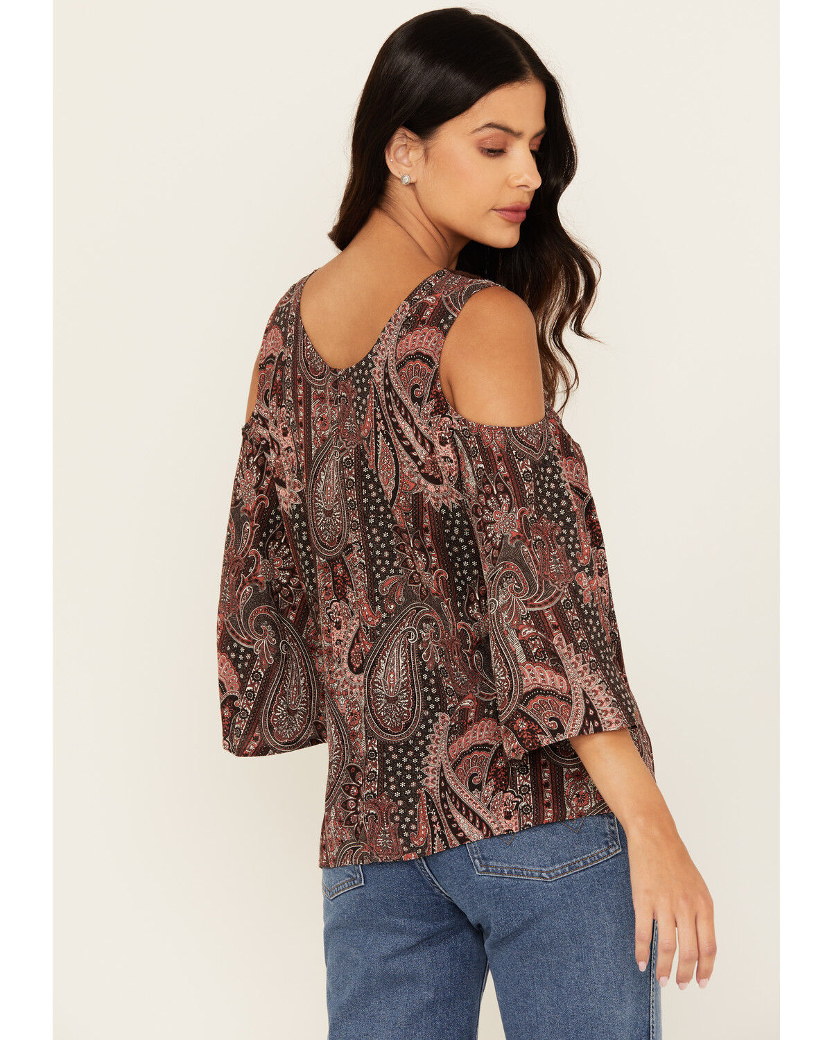 Shyanne Women's Printed Cold Shoulder Crochet Trim Top