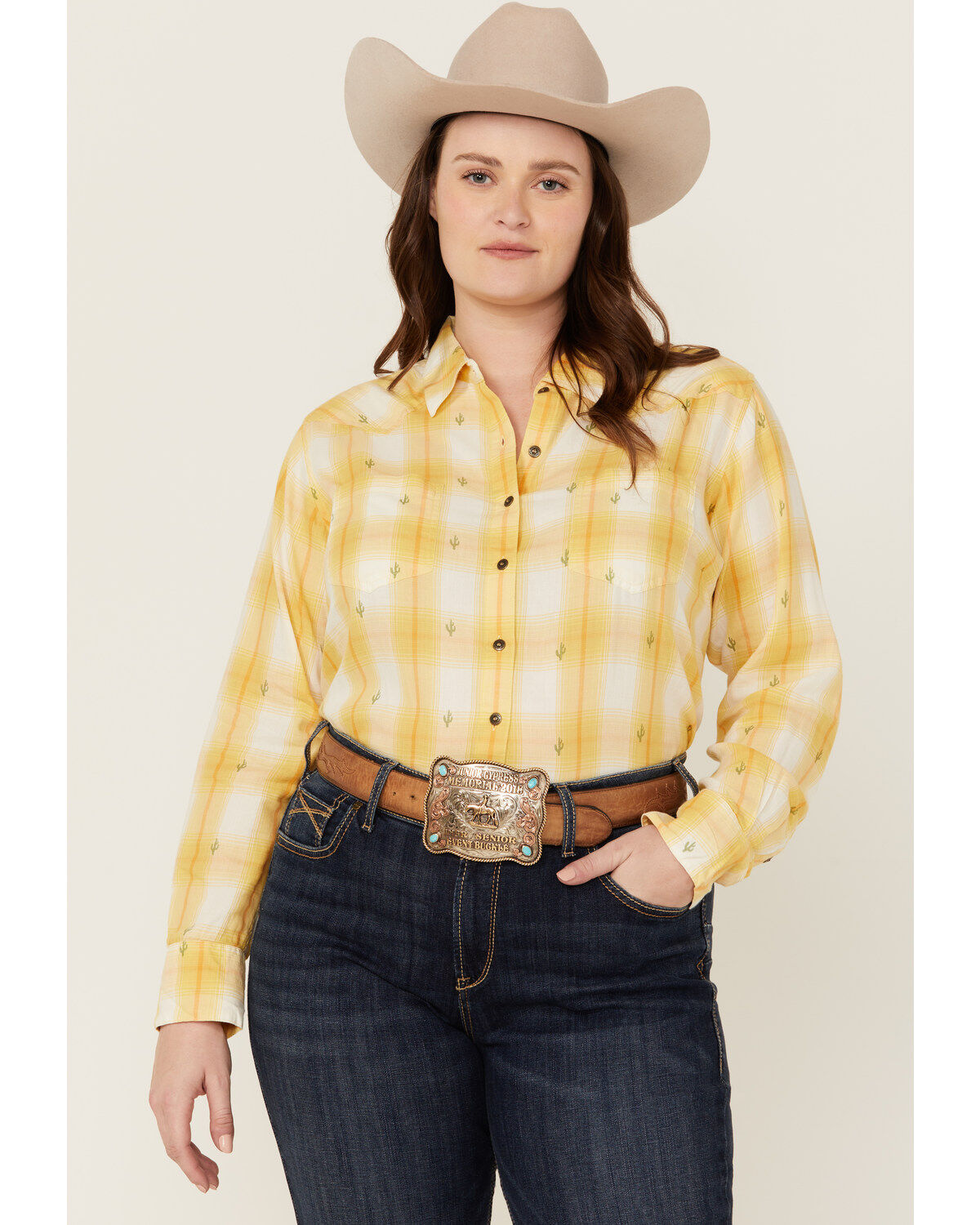 Ariat Women's R.E.A.L Billie Jean Cactus Plaid Print Long Sleeve Button-Down Western Shirt - Plus