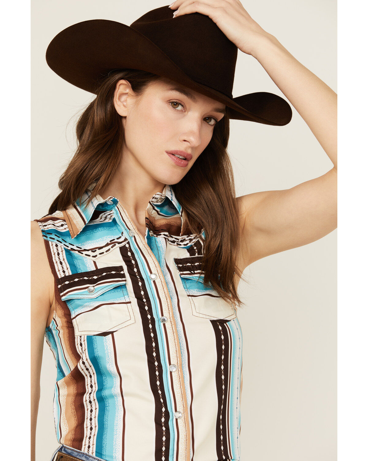 Cowgirl Hardware Women's Serape Striped Sleeveless Snap Western Shirt