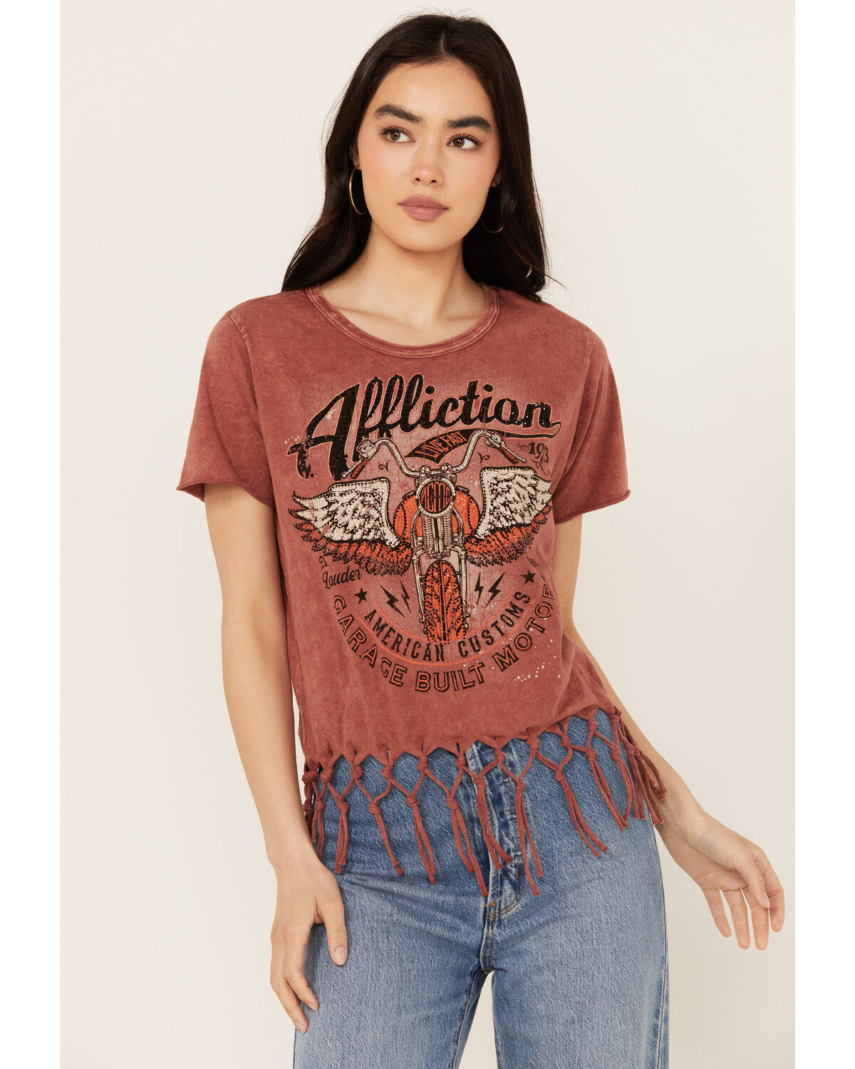 Affliction Women's Moto Fringe Short Sleeve Graphic Tee