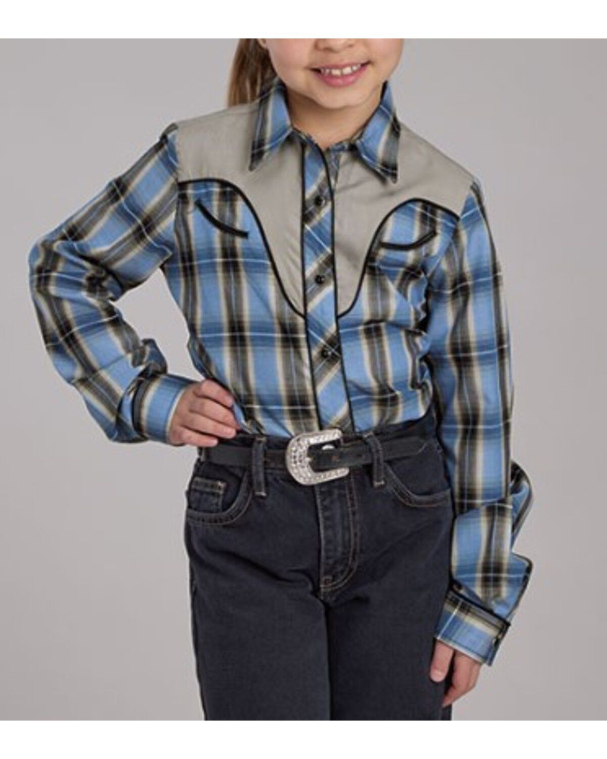 Roper Girls' Plaid Print Embroidered Long Sleeve Snap Stretch Western Shirt