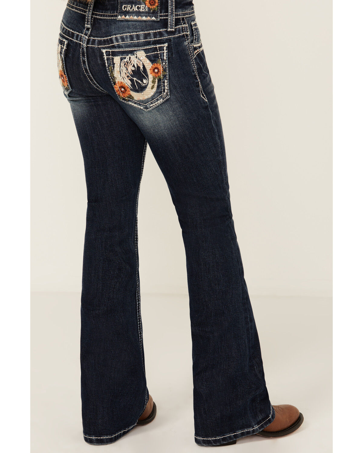 Grace in LA Girls' Dark Wash Horseshoe Flower Pocket Bootcut Stretch Denim Jeans
