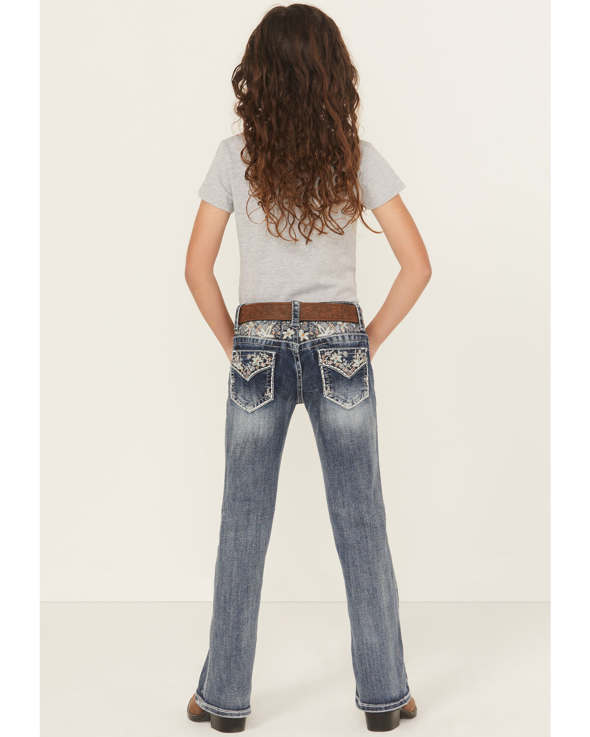 Grace in LA Girls' Medium Wash Floral Embroidered Bootcut Stretch Denim Jeans