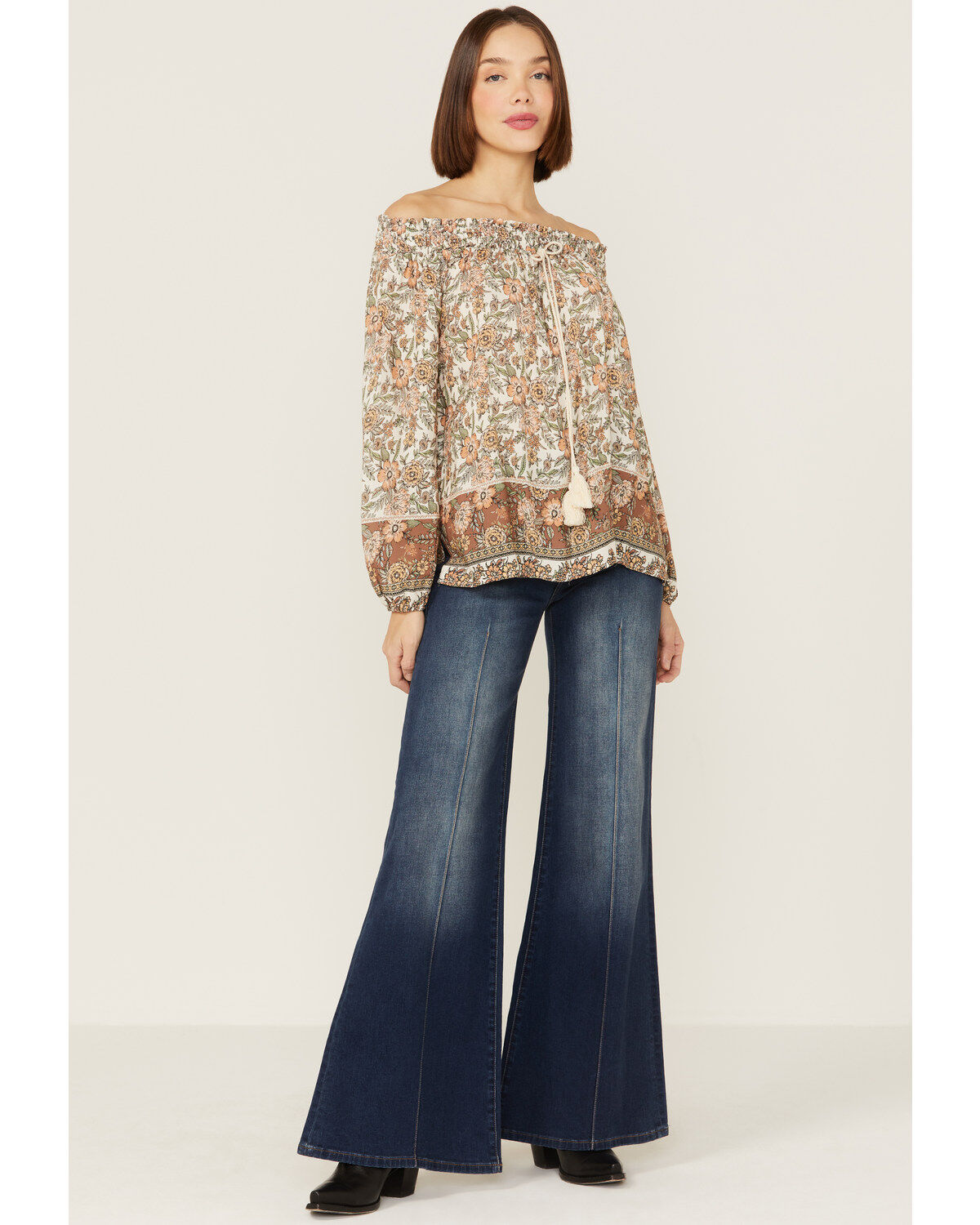 Wild Moss Women's Cream Floral Border Print Off Shoulder Woven Top