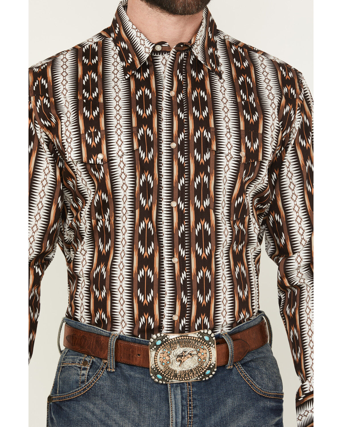 Wrangler Men's Checotah Southwestern Striped Print Long Sleeve Pearl Snap Western Shirt