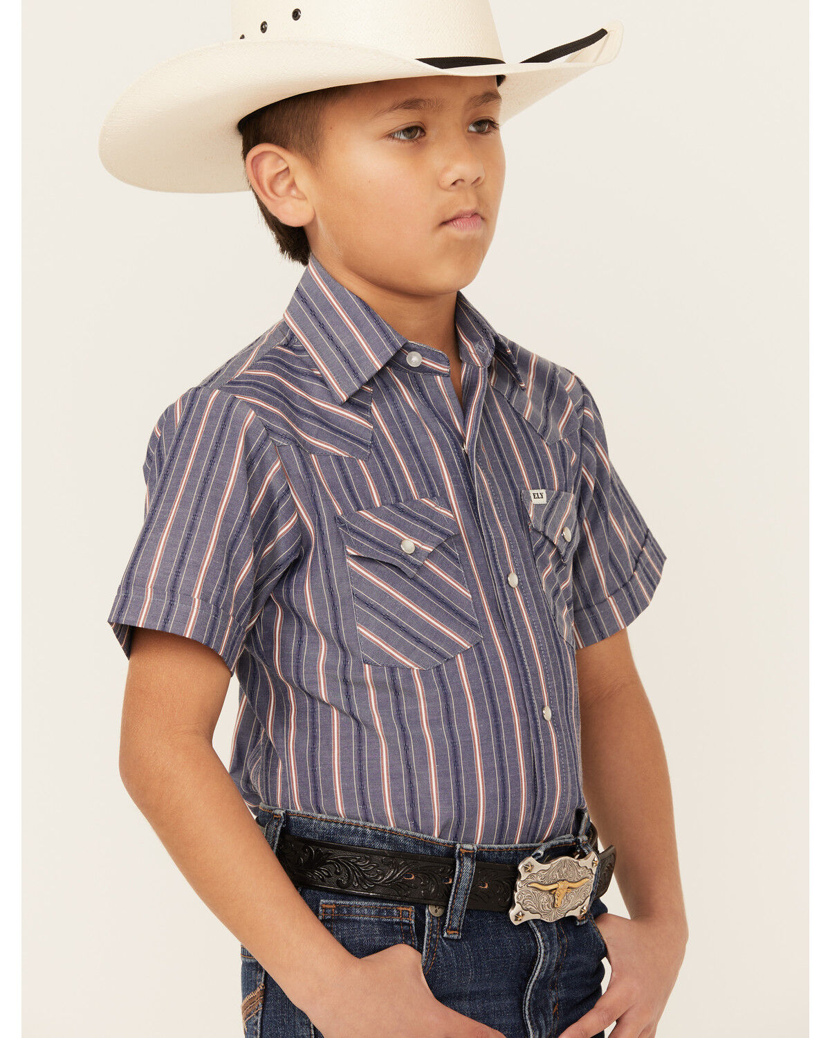 Ely Walker Boys' Dobby Striped Short Sleeve Pearl Snap Western Shirt