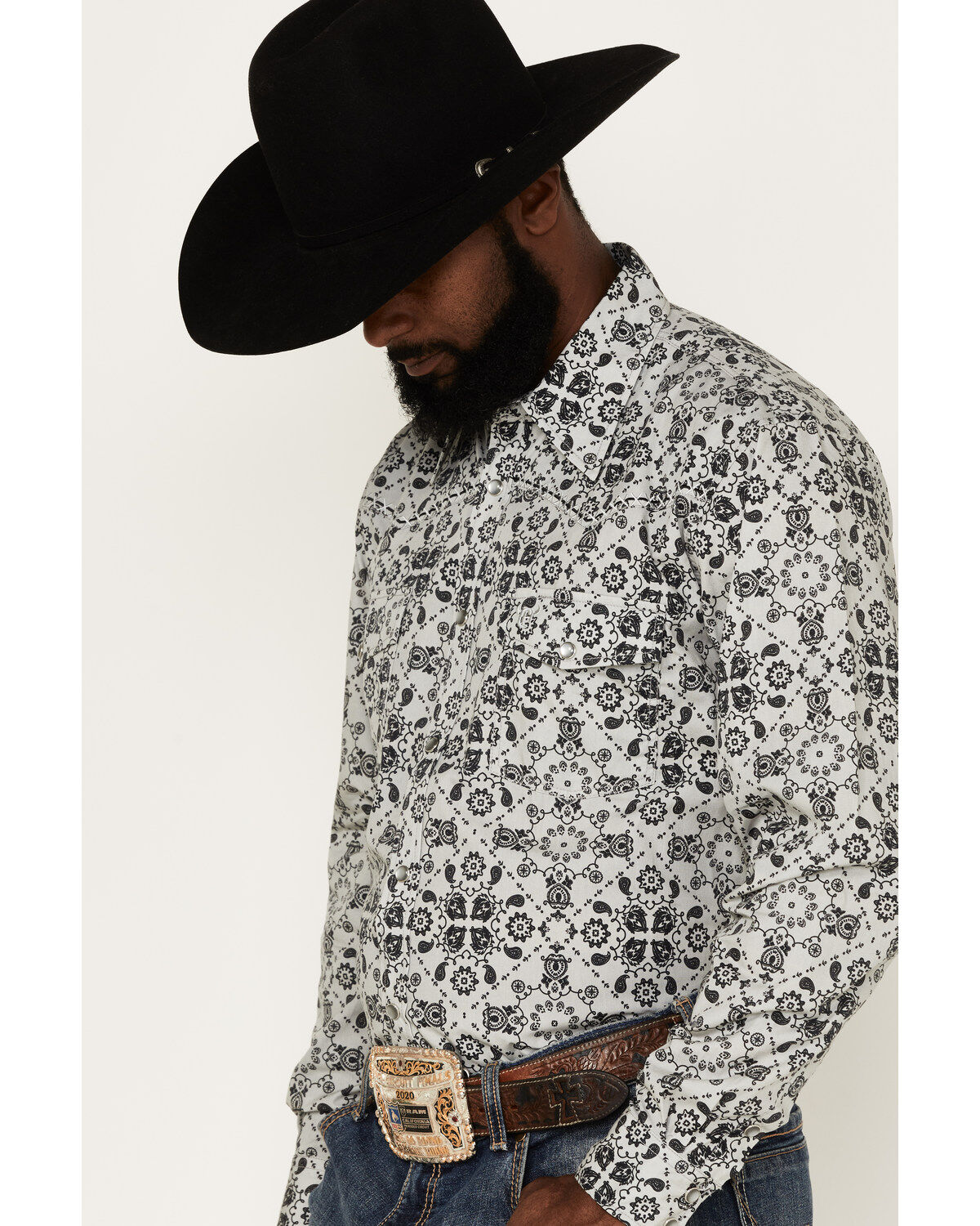 Cowboy Hardware Men's Bandana Print Long Sleeve Pearl Snap Shirt