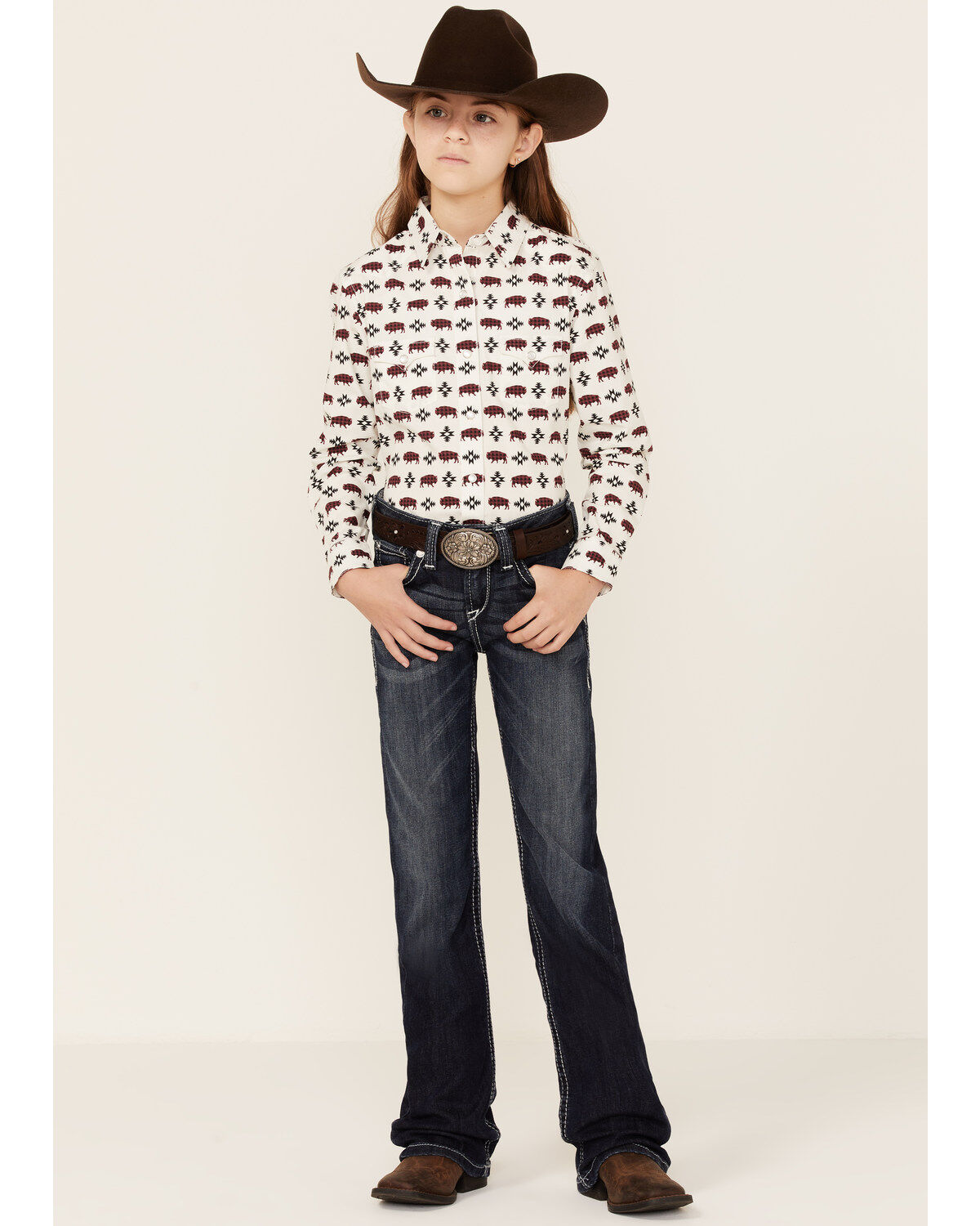 Rock & Roll Denim Girls' Southwestern Buffalo Print Pearl Snap Western Shirt