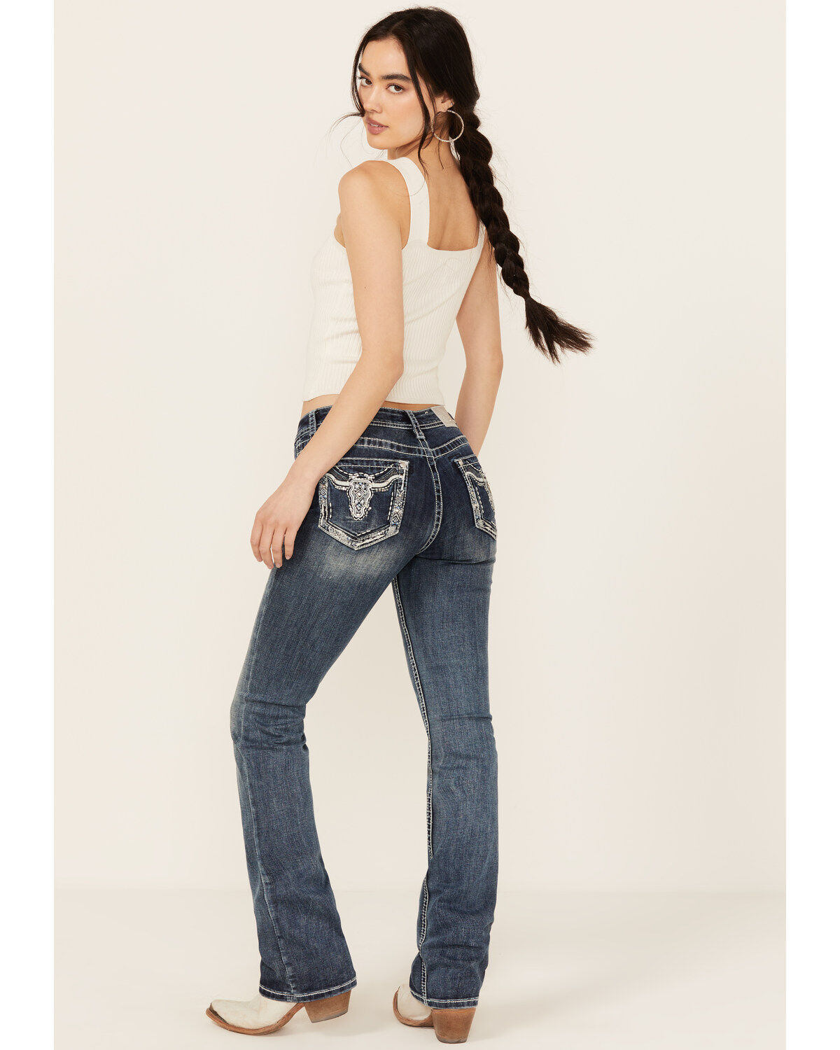 Grace In LA Women's Medium Wash Sequin Longhorn Pocket Mid Rise Bootcut Stretch Denim Jeans