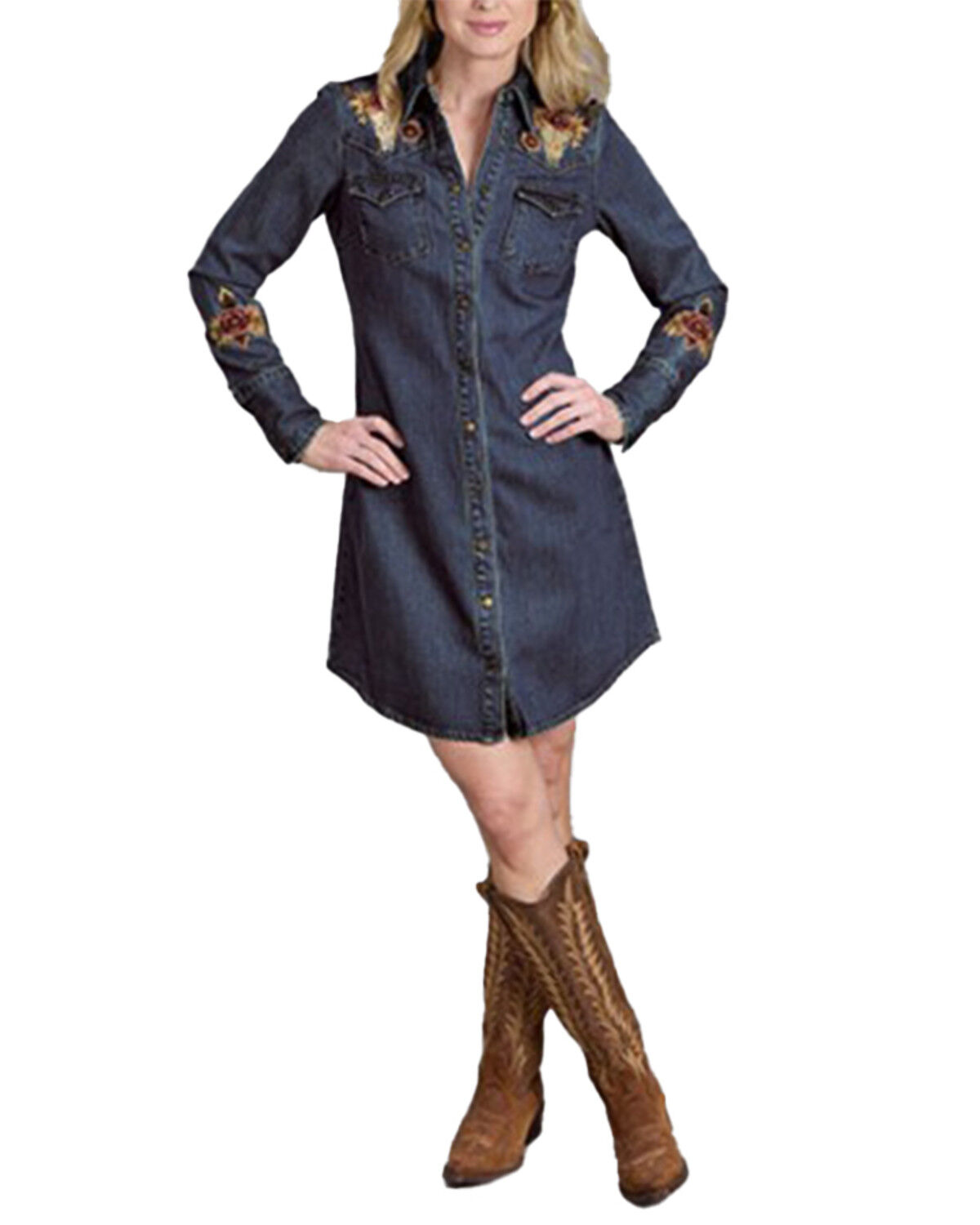 Stetson Women's Dark Wash Denim Embroidered Long Sleeve Mini Shirt Dress