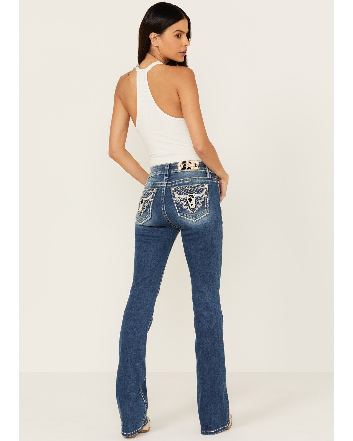 Miss Me Women's Dark Wash Mid Rise Faux Cowhide Longhorn Bootcut Stretch Denim Jeans