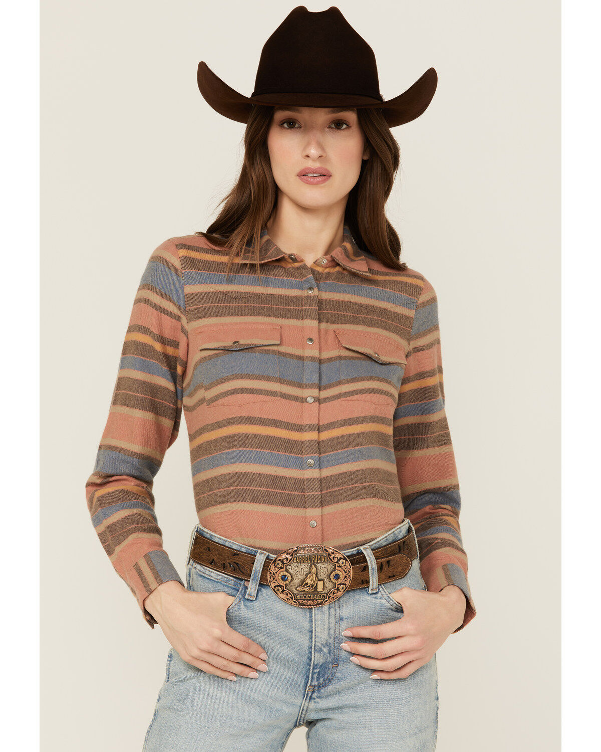 Shyanne Women's Serape Striped Print Long Sleeve Snap Flannel Shirt