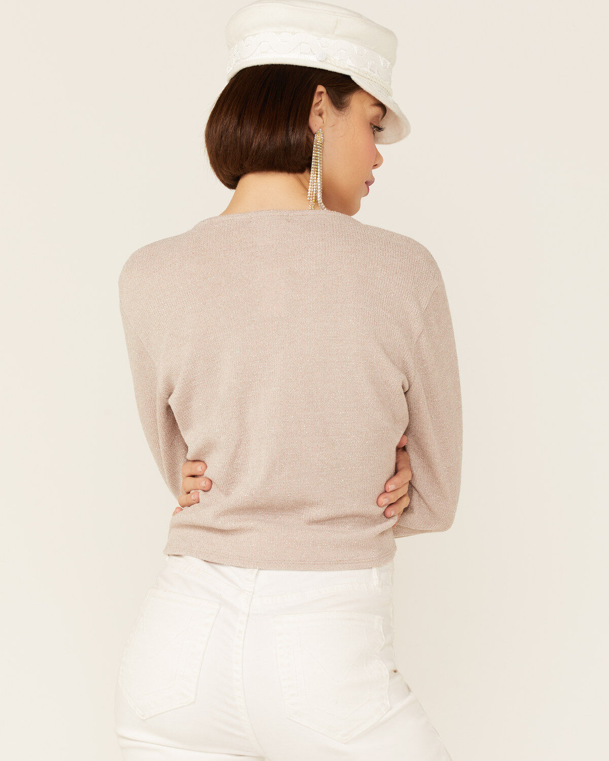 Wild Moss Women's Ribbed Lurex Cinch Front Knit Top