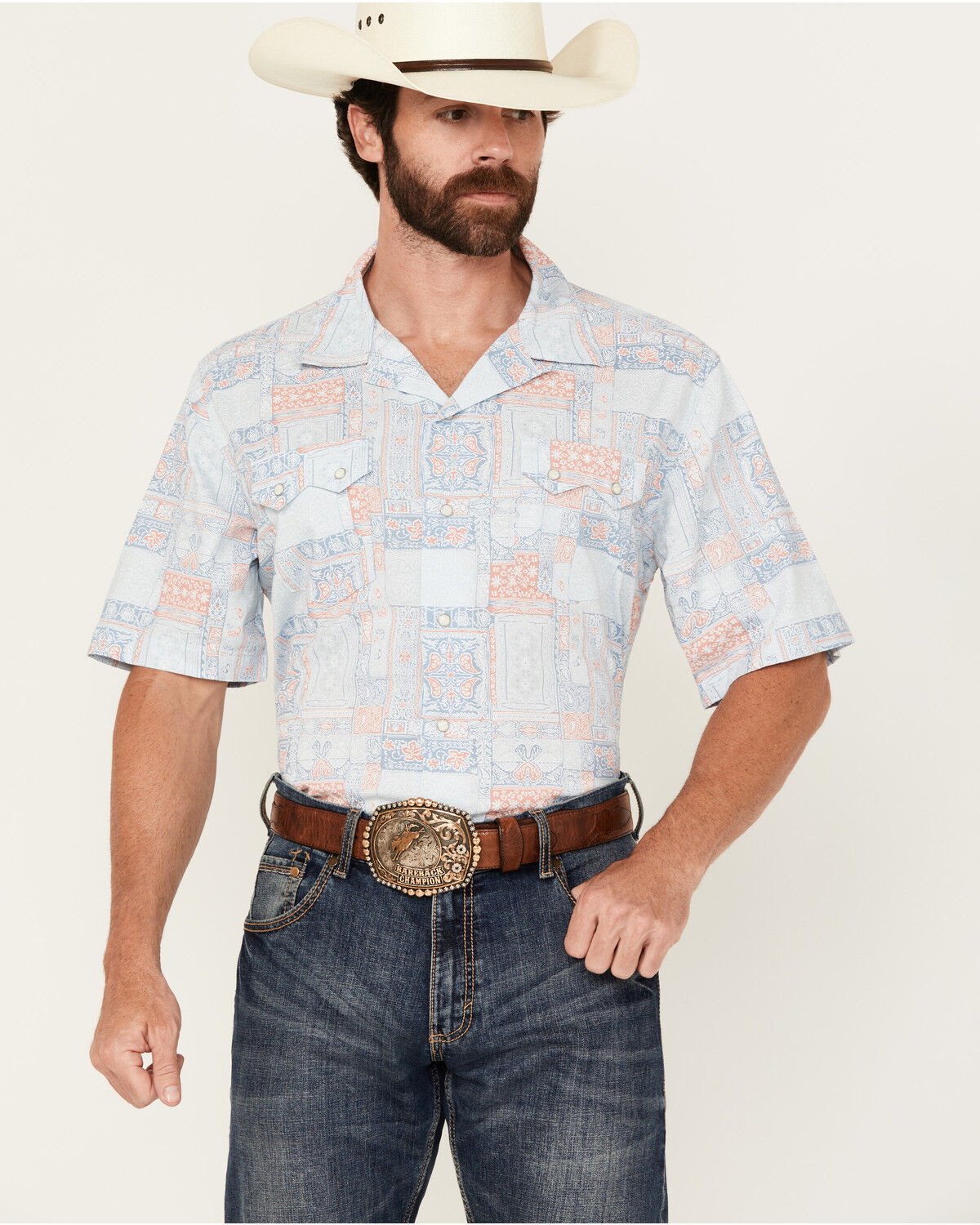 Wrangler Men's Coconut Cowboy Bandana Print Short Sleeve Snap Western Shirt
