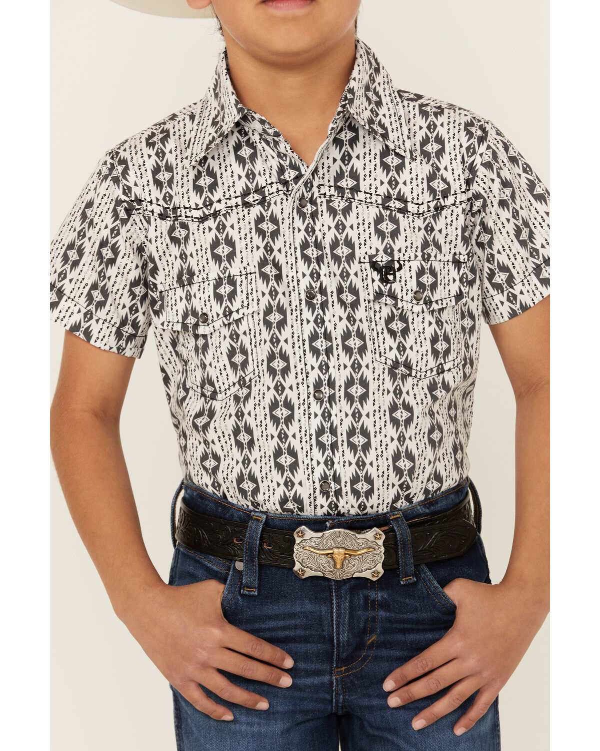 Cowboy Hardware Boys' Southwestern Print Short Sleeve Snap Western Shirt