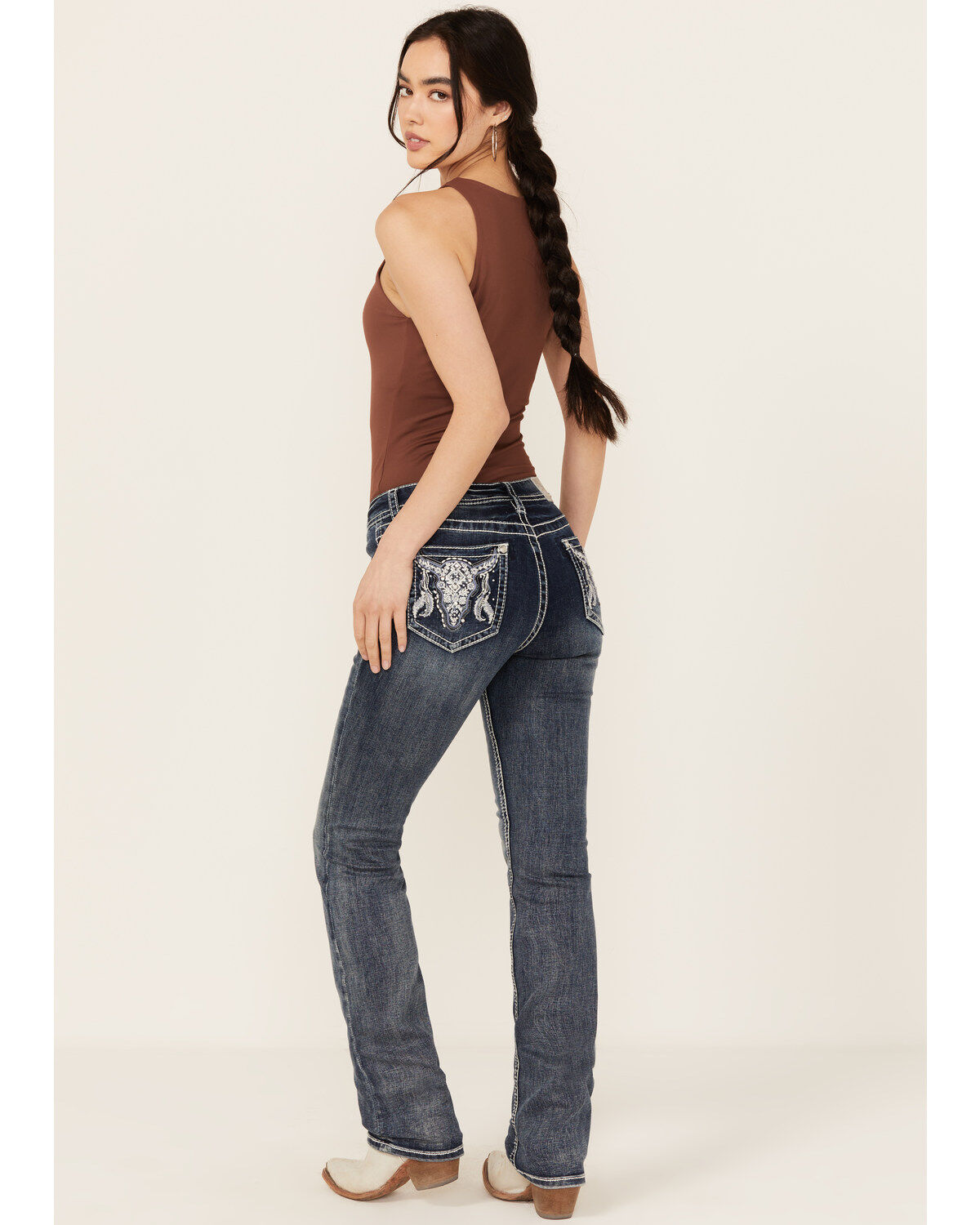 Grace In LA Women's Medium Wash Sequin Cow Skull Mid Rise Bootcut Stretch Denim Jeans