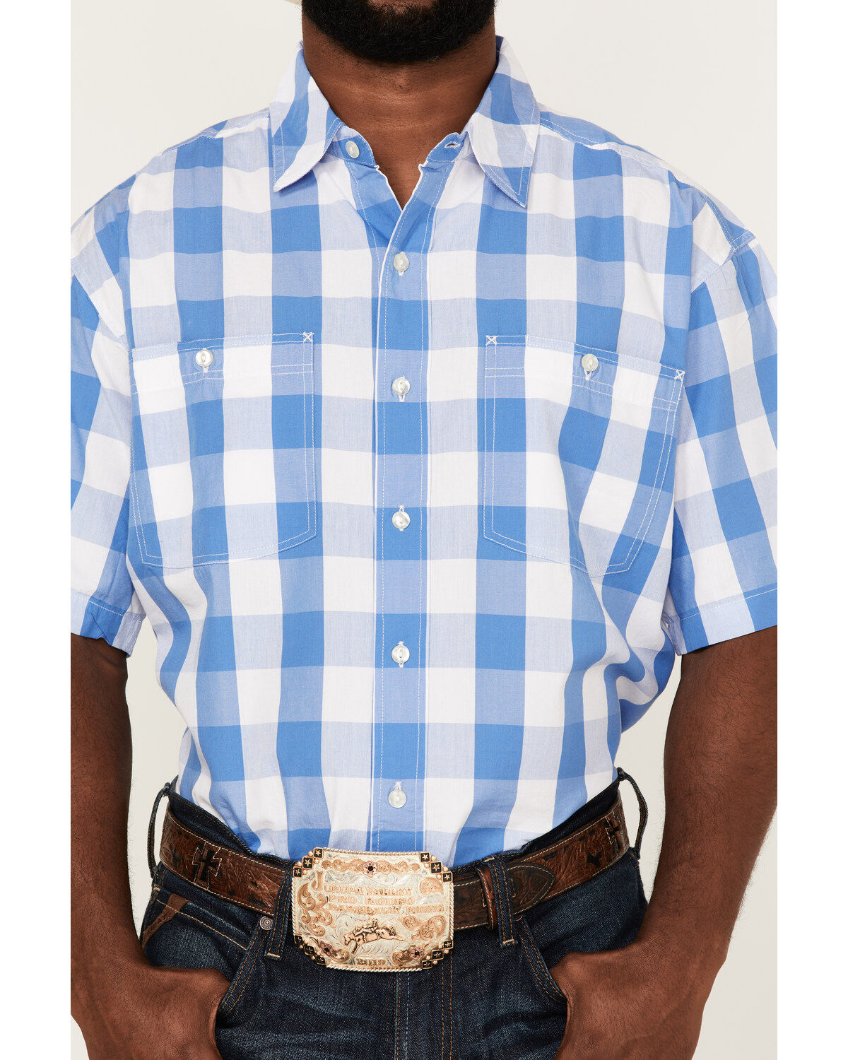 Resistol Men's Lantana Buffalo Check Plaid Print Short Sleeve Button Down Western Shirt