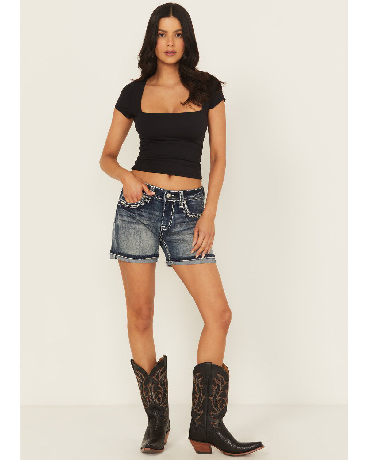 Grace In LA Women's Medium Wash Mid Rise Embroidered Stretch Denim Shorts