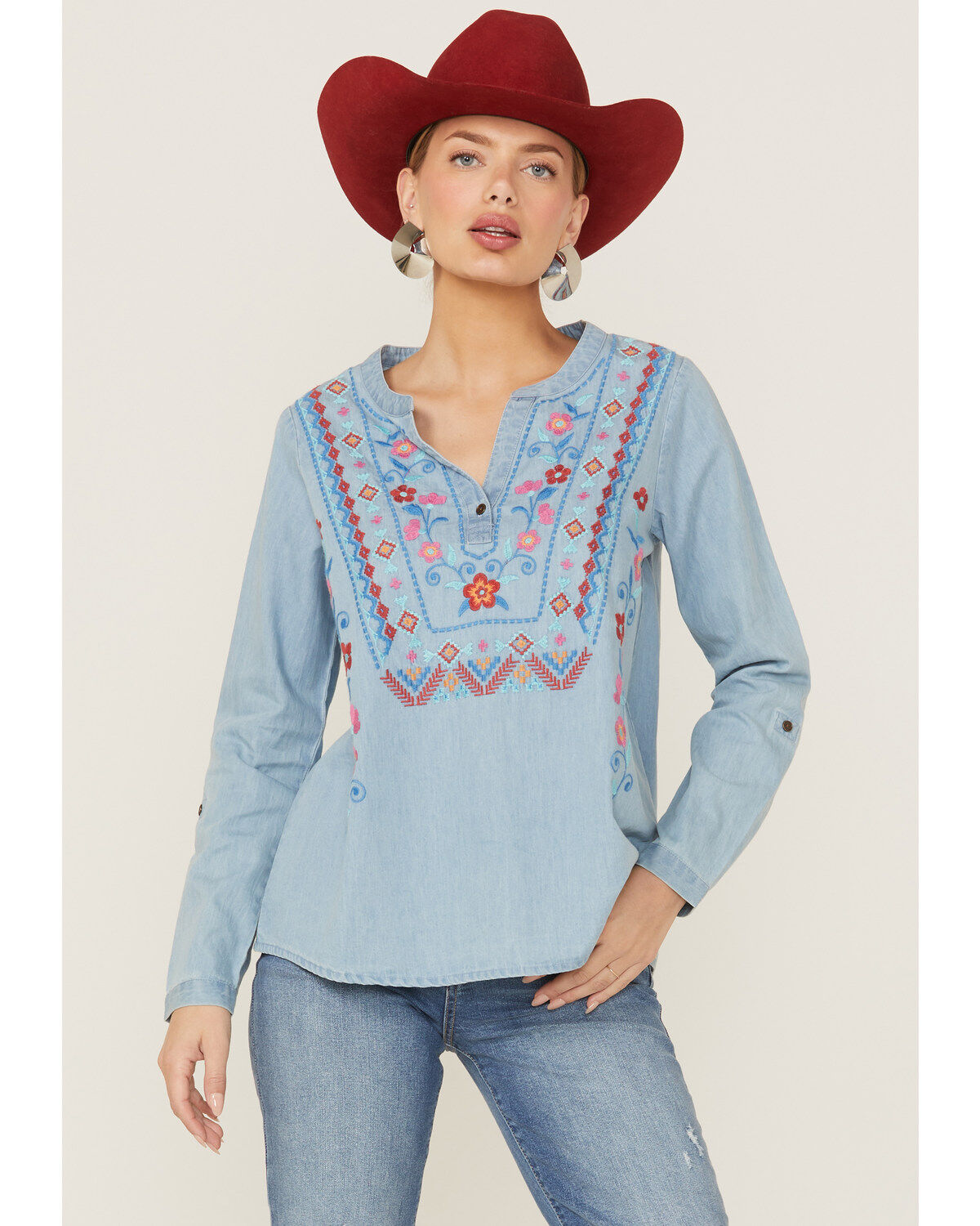 Roper Women's Embroidered Front Southwestern Denim Pullover Shirt